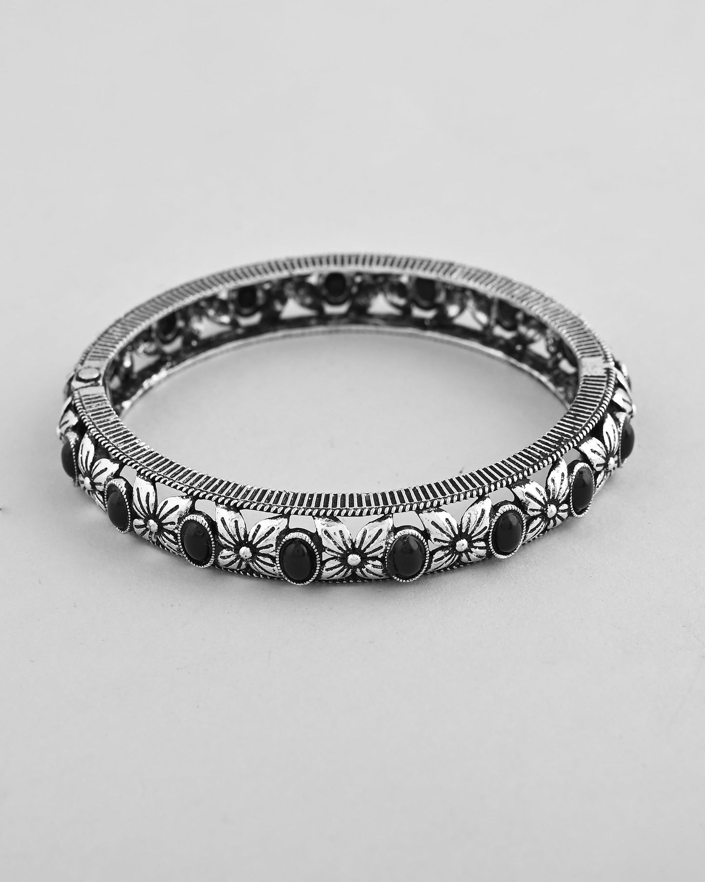 VOJ Rhodium Plated Black Stone Studded Kada Bracelet - Swadesiicart