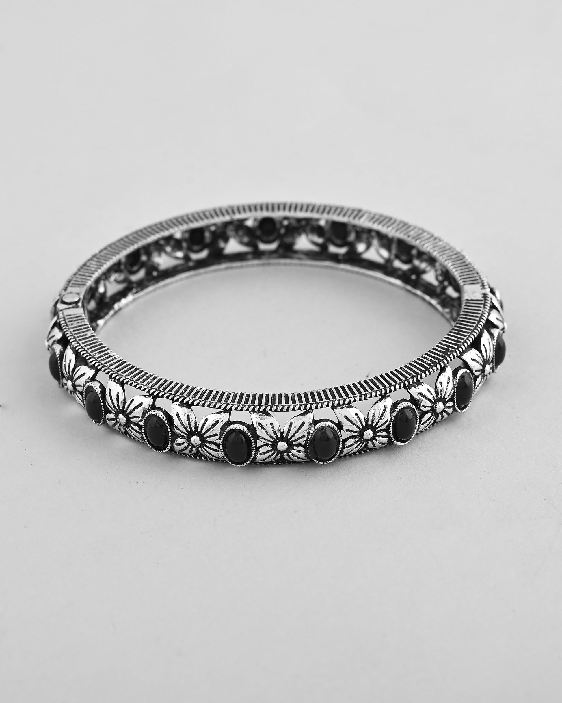 VOJ Rhodium Plated Black Stone Studded Kada Bracelet - Swadesiicart