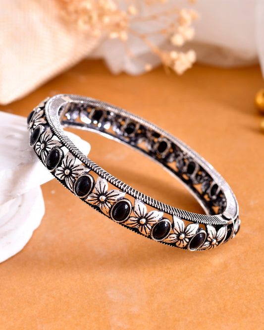 VOJ Rhodium Plated Black Stone Studded Kada Bracelet - Swadesiicart