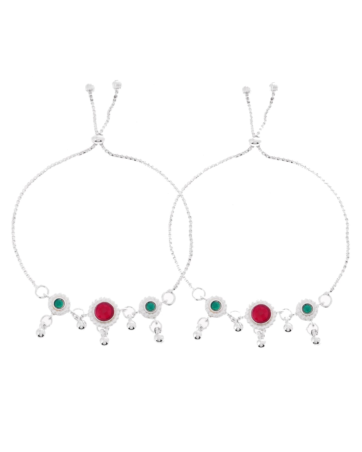 VOJ Set of 2 Silver-Plated Artificial Stones And Beads Anklet - Swadesiicart