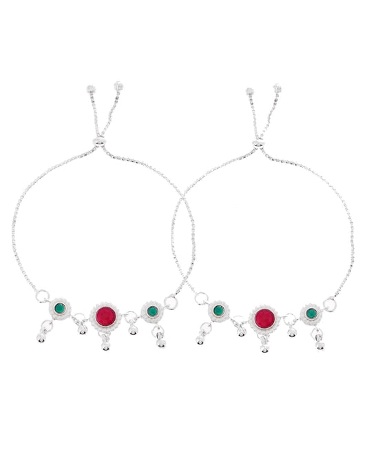 VOJ Set of 2 Silver-Plated Artificial Stones And Beads Anklet - Swadesiicart