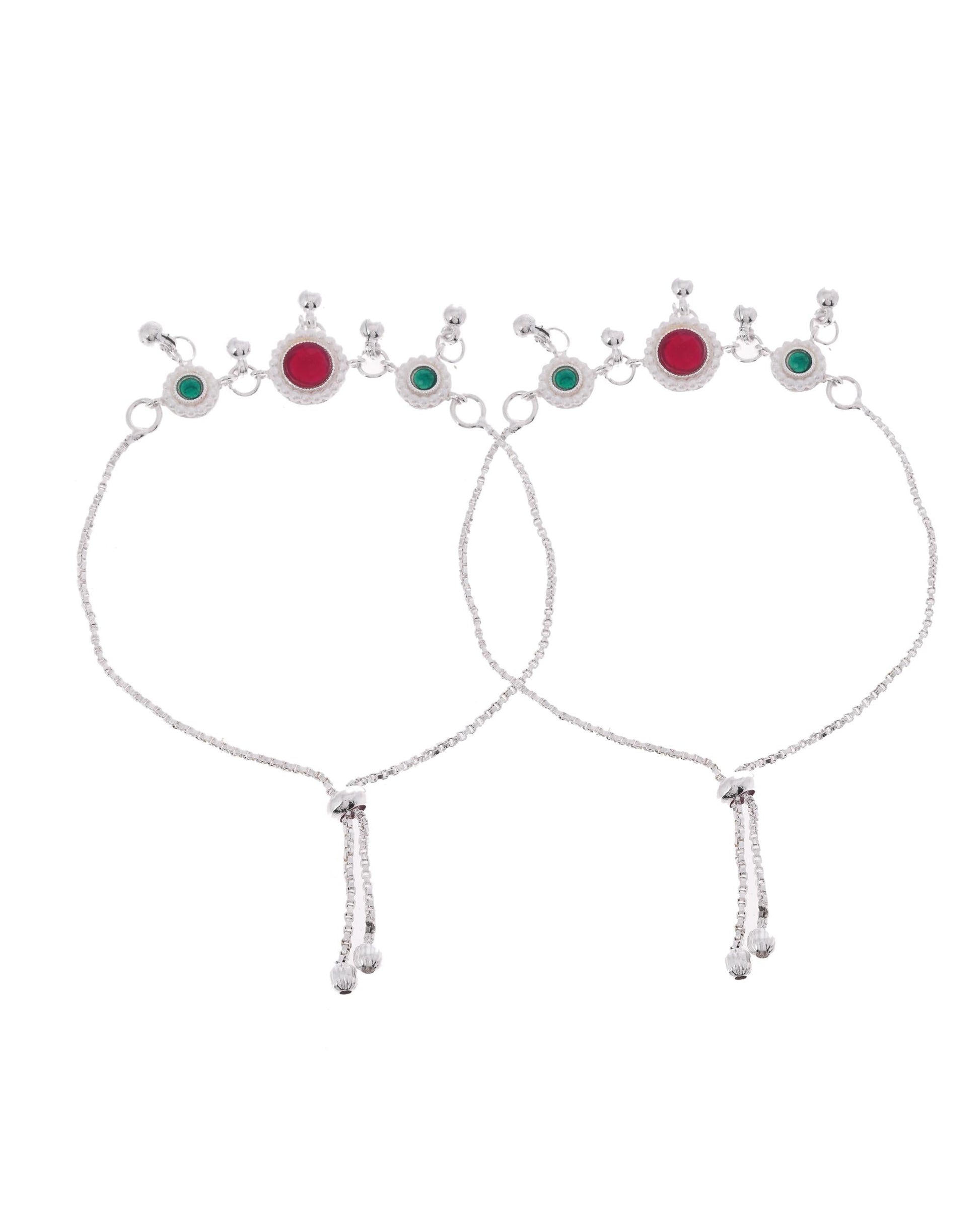 VOJ Set of 2 Silver-Plated Artificial Stones And Beads Anklet - Swadesiicart