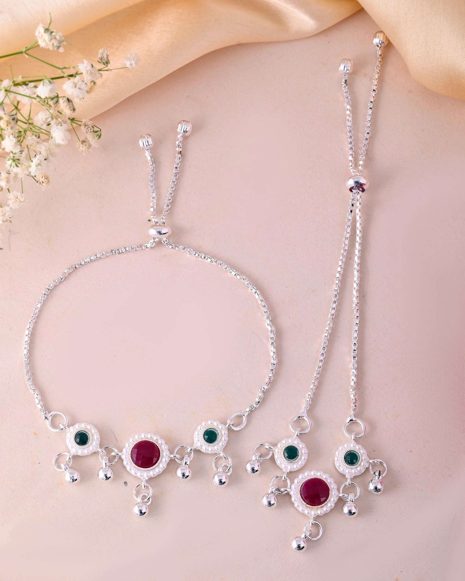 VOJ Set of 2 Silver-Plated Artificial Stones And Beads Anklet - Swadesiicart