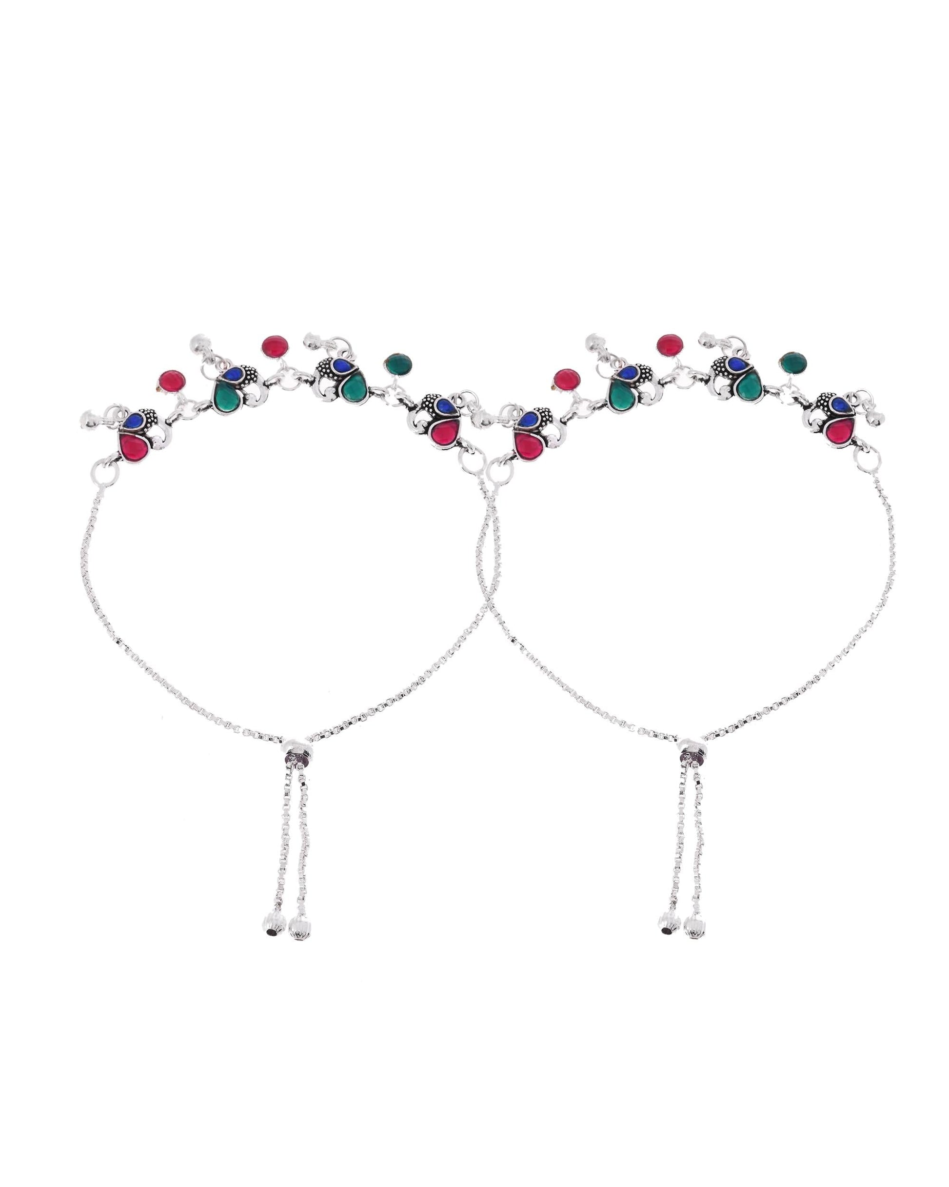 VOJ Set of 2 Silver-Plated Peacock Shaped Artificial Stones Anklet - Swadesiicart