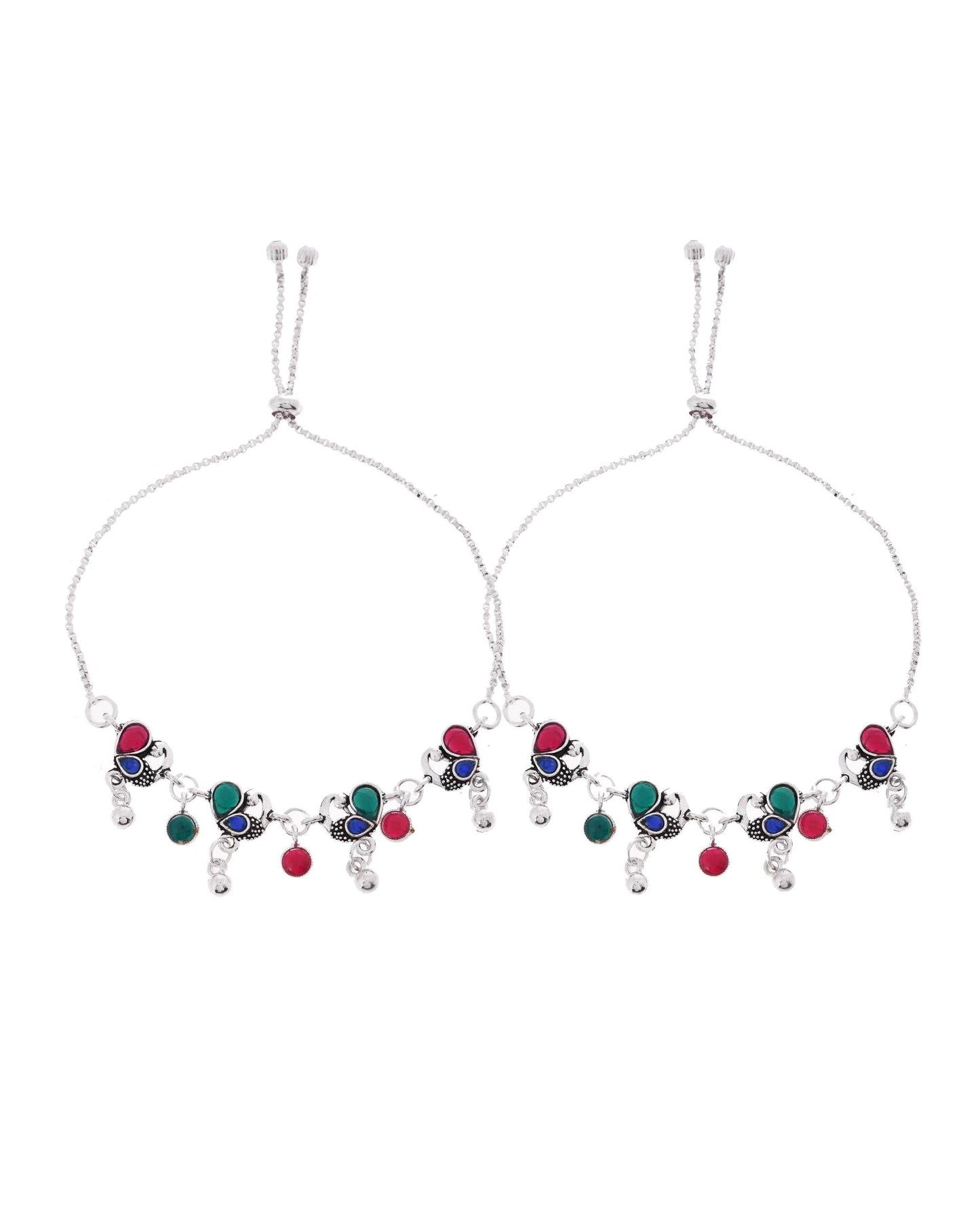 VOJ Set of 2 Silver-Plated Peacock Shaped Artificial Stones Anklet - Swadesiicart