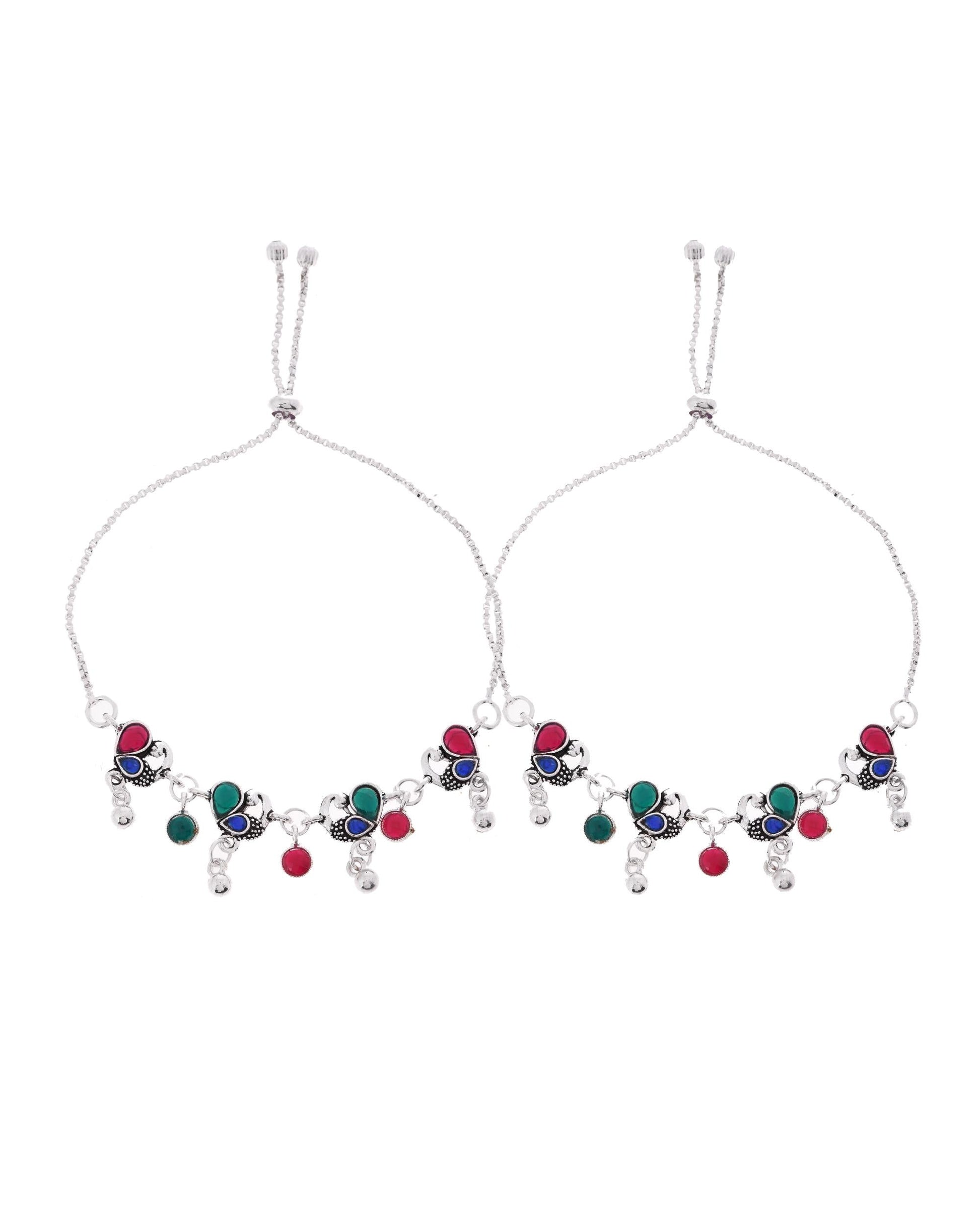 VOJ Set of 2 Silver-Plated Peacock Shaped Artificial Stones Anklet - Swadesiicart