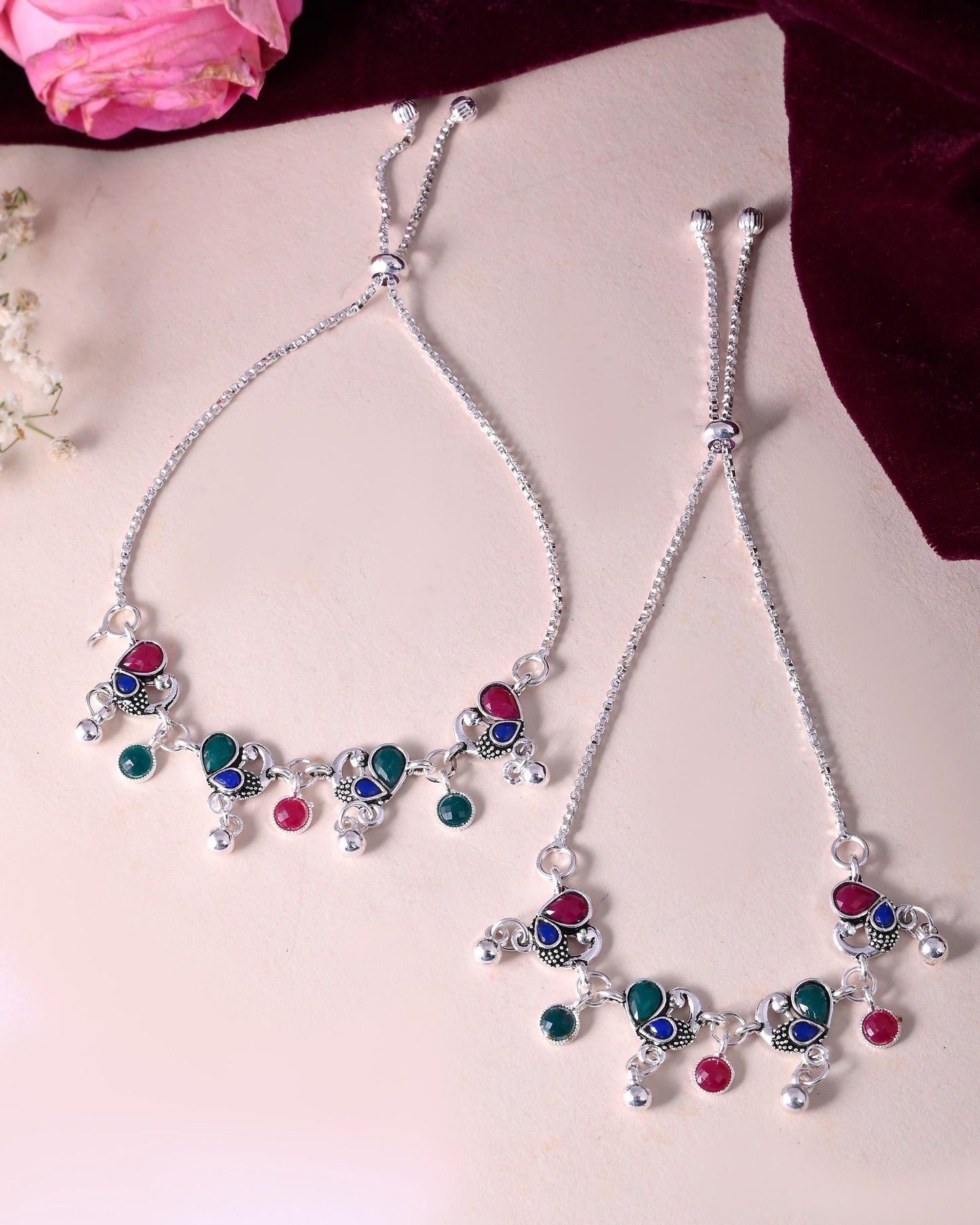 VOJ Set of 2 Silver-Plated Peacock Shaped Artificial Stones Anklet - Swadesiicart
