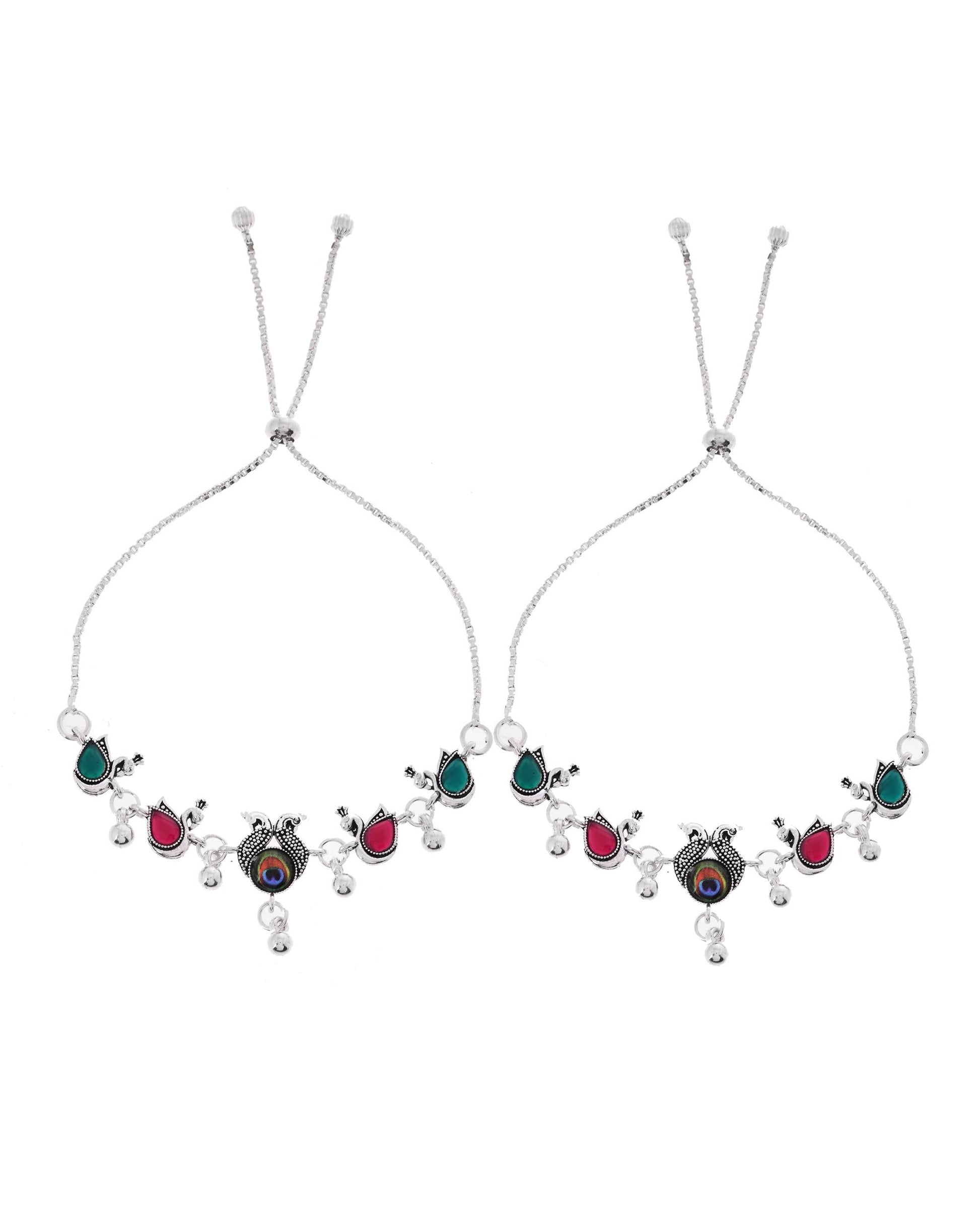 VOJ Set of 2 Silver-Plated Peacock Shaped Stone Studded Anklets - Swadesiicart