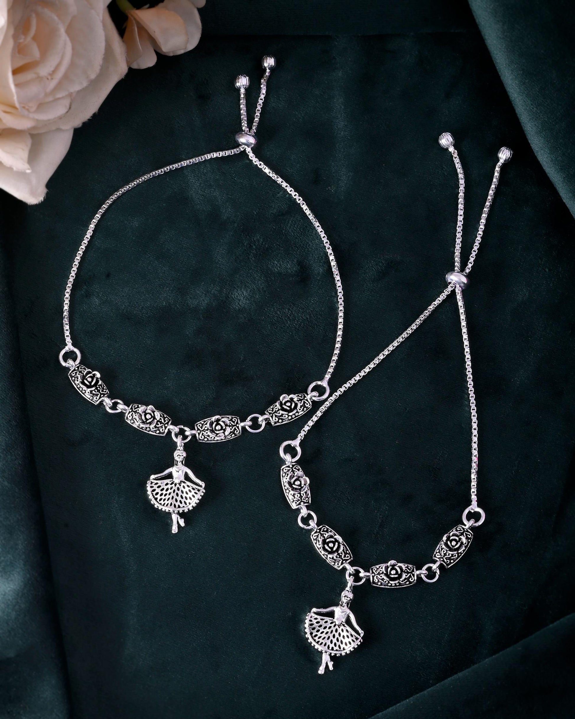 VOJ Set of 2 Silver Plated Dancing Girl Anklet - Swadesiicart