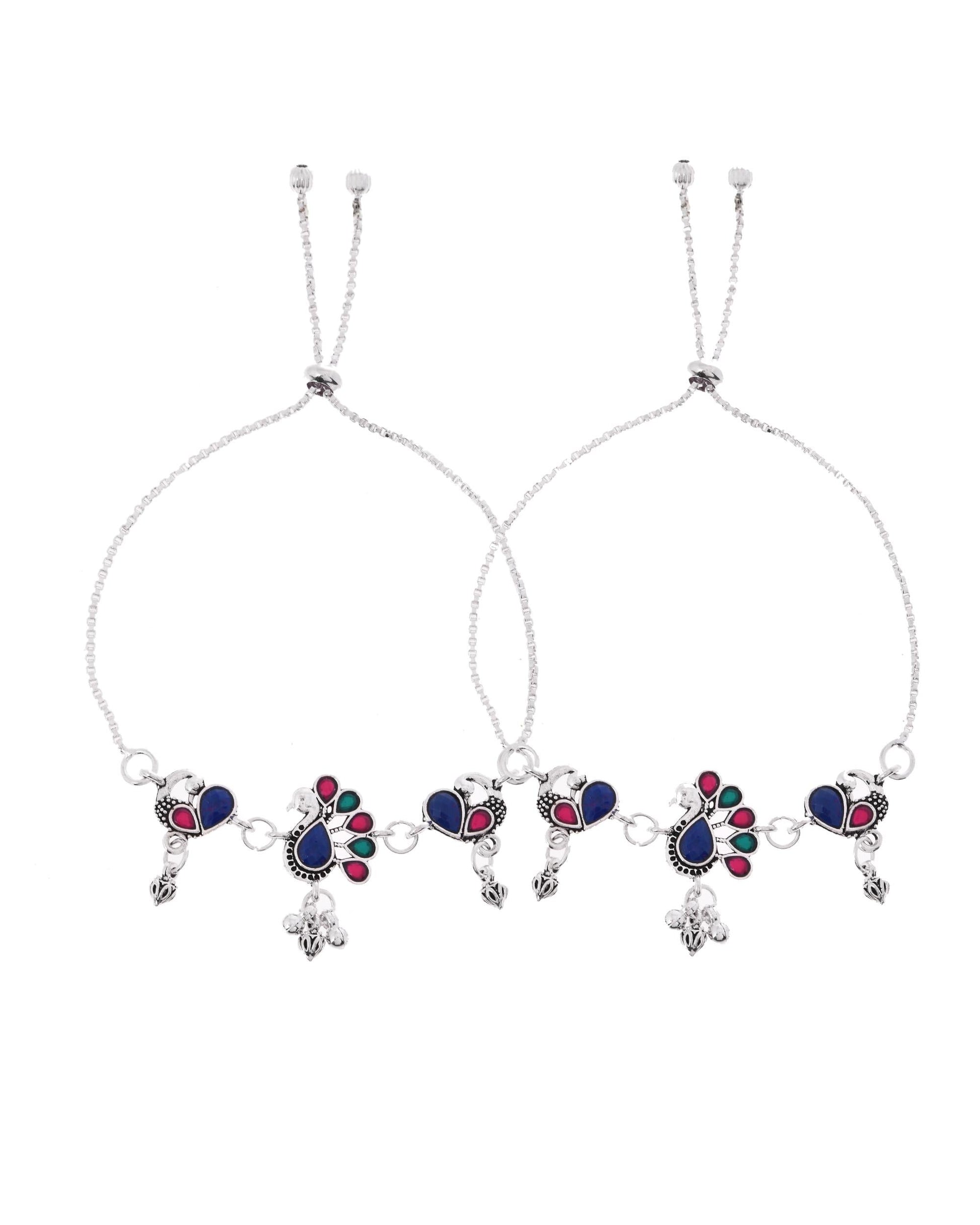 VOJ Set of 2 Silver-Plated Peacock Shaped Stone Studded Anklet - Swadesiicart
