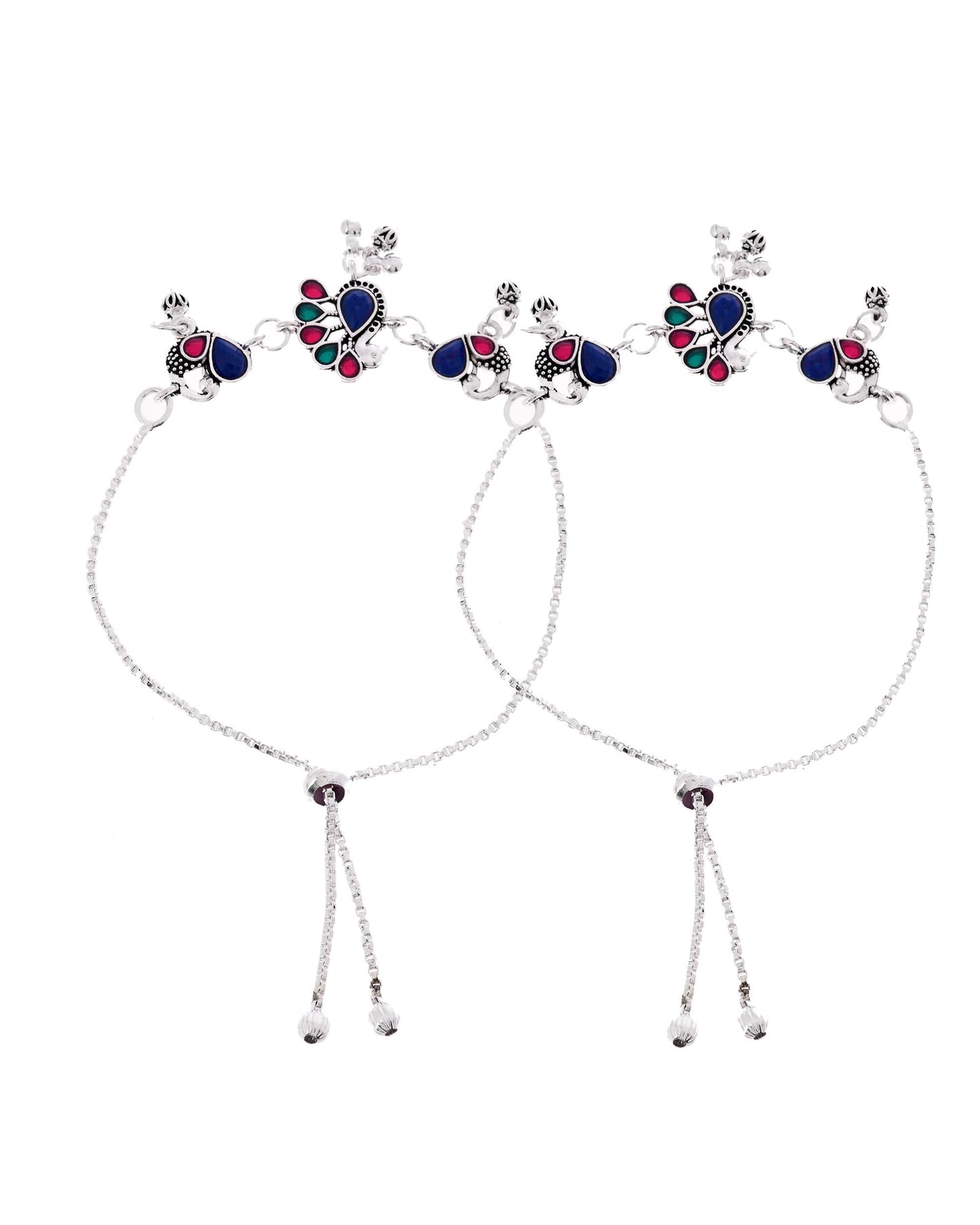 VOJ Set of 2 Silver-Plated Peacock Shaped Stone Studded Anklet - Swadesiicart