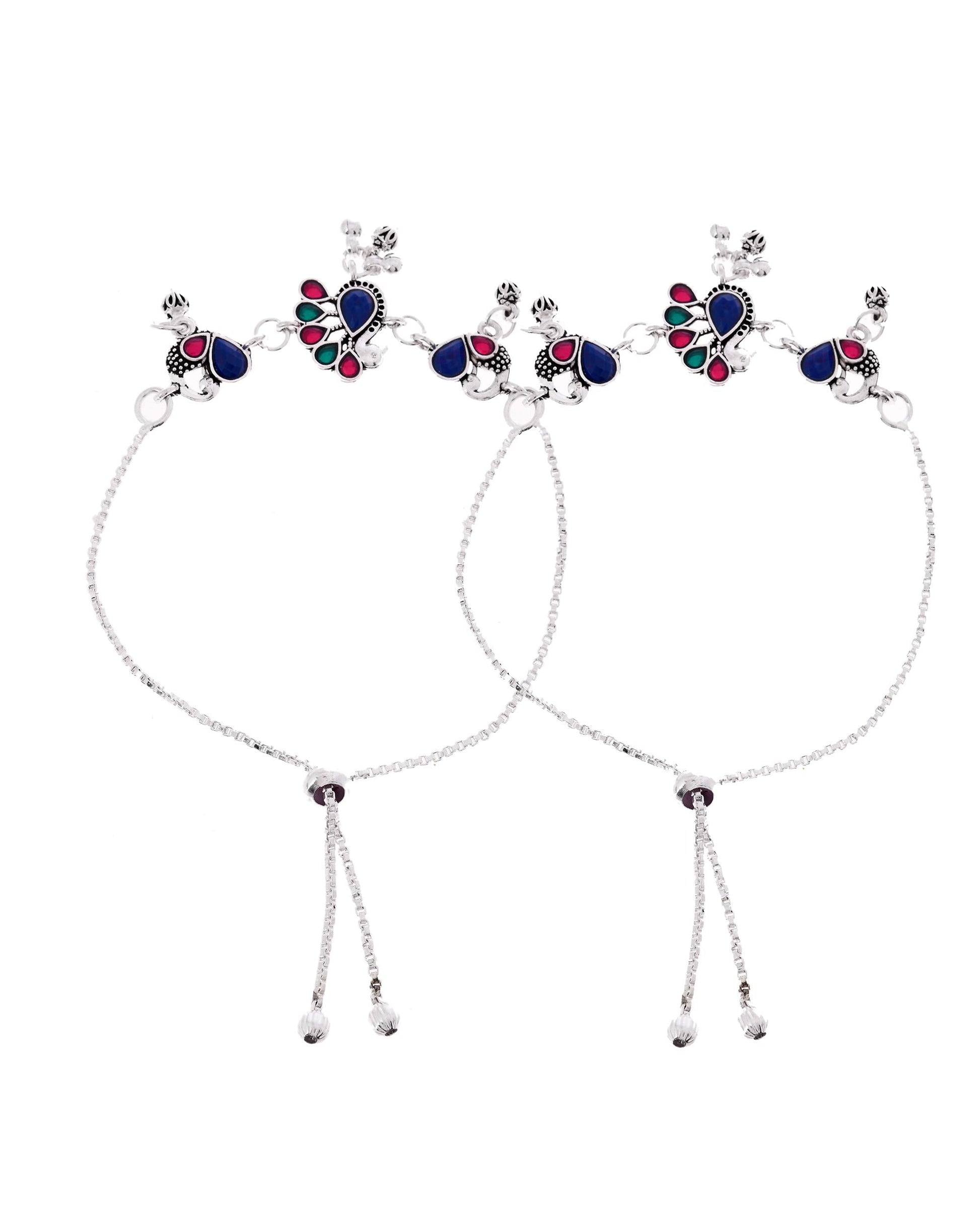 VOJ Set of 2 Silver-Plated Peacock Shaped Stone Studded Anklet - Swadesiicart