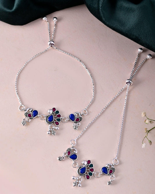 VOJ Set of 2 Silver-Plated Peacock Shaped Stone Studded Anklet - Swadesiicart