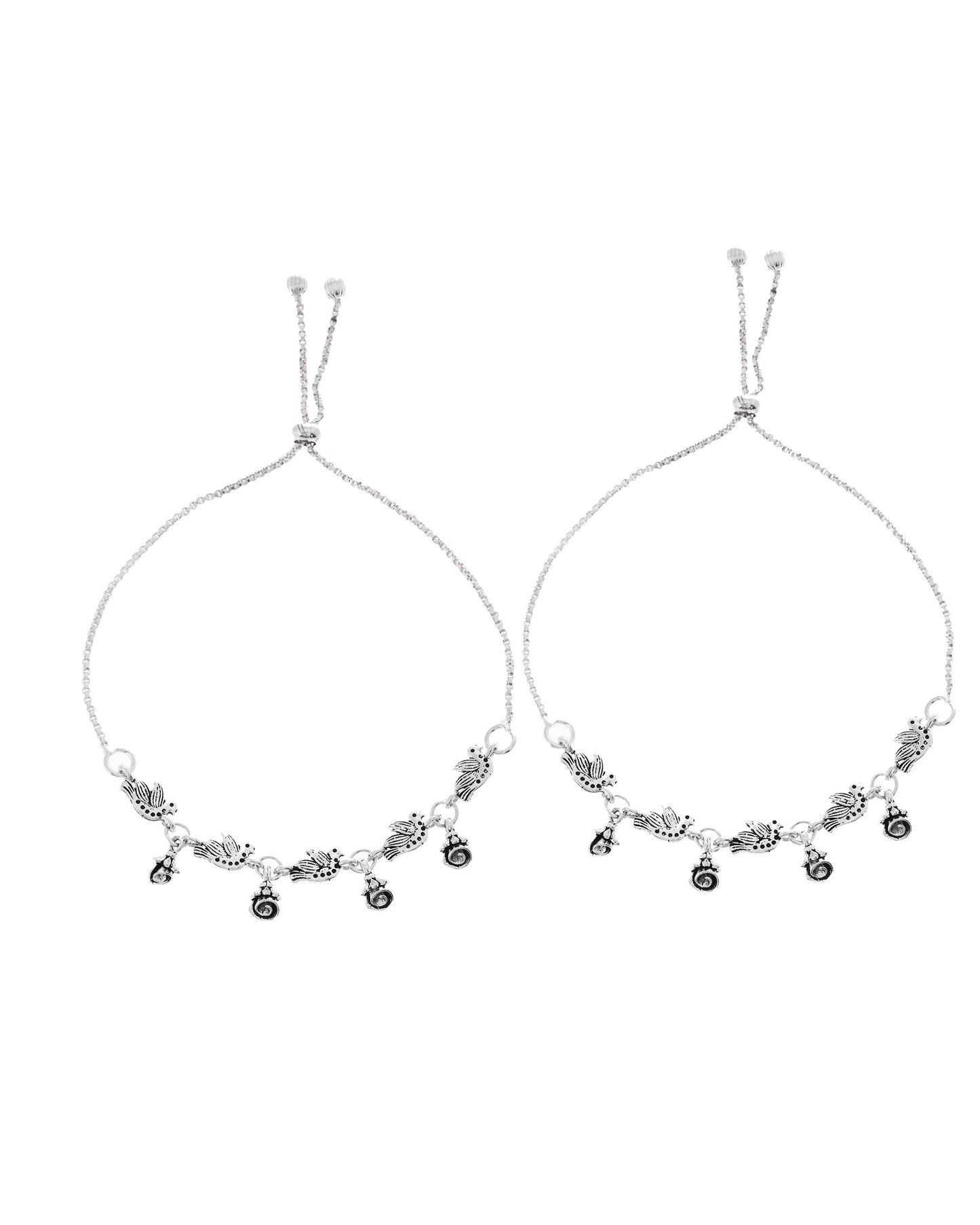 VOJ Set of 2 Silver Plated Bird And Rose Shaped Anklet - Swadesiicart