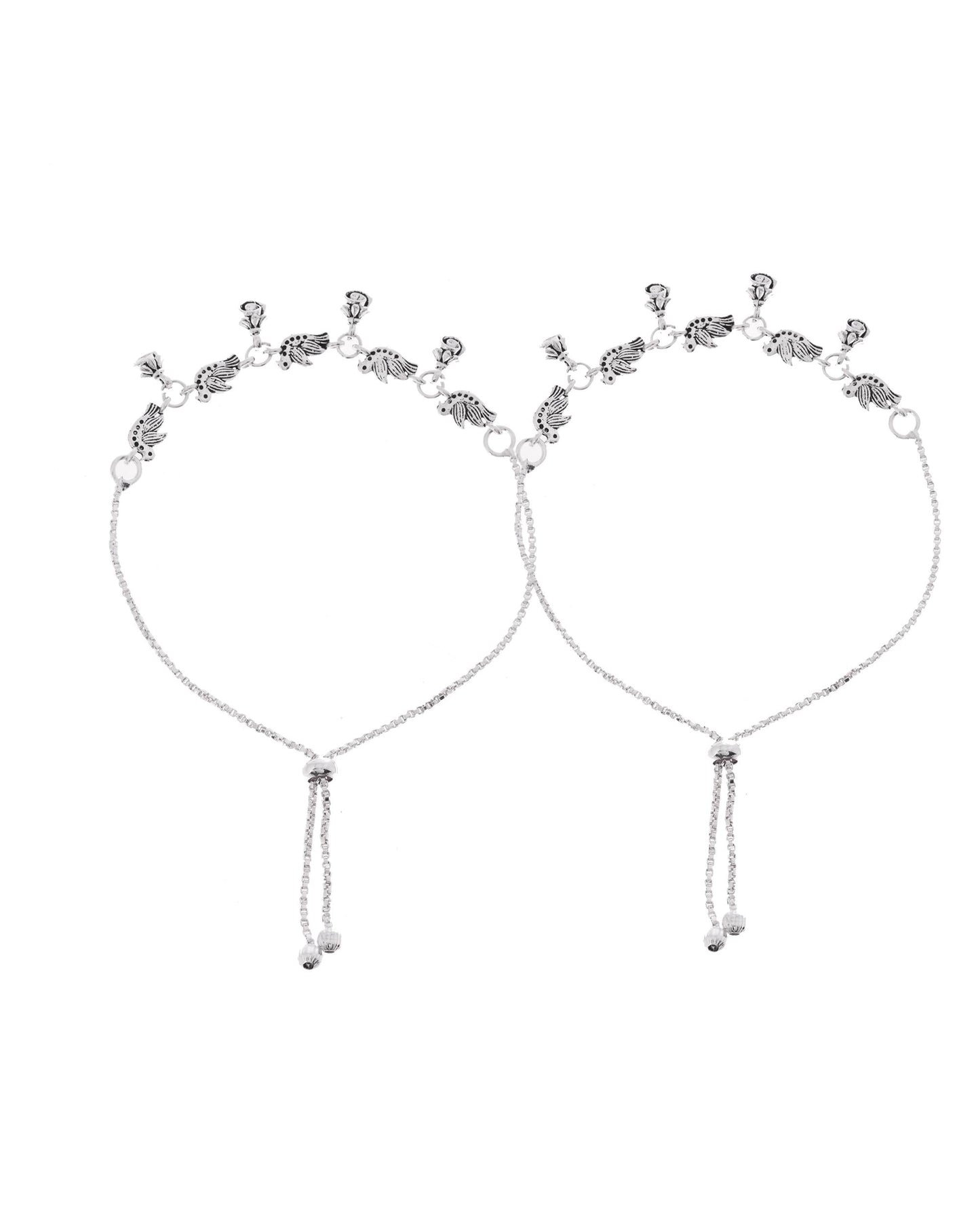 VOJ Set of 2 Silver Plated Bird And Rose Shaped Anklet - Swadesiicart