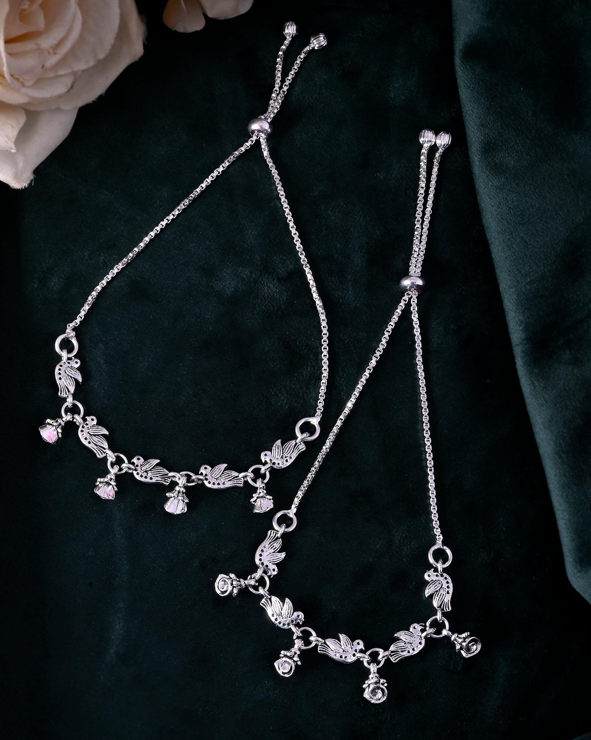 VOJ Set of 2 Silver Plated Bird And Rose Shaped Anklet - Swadesiicart