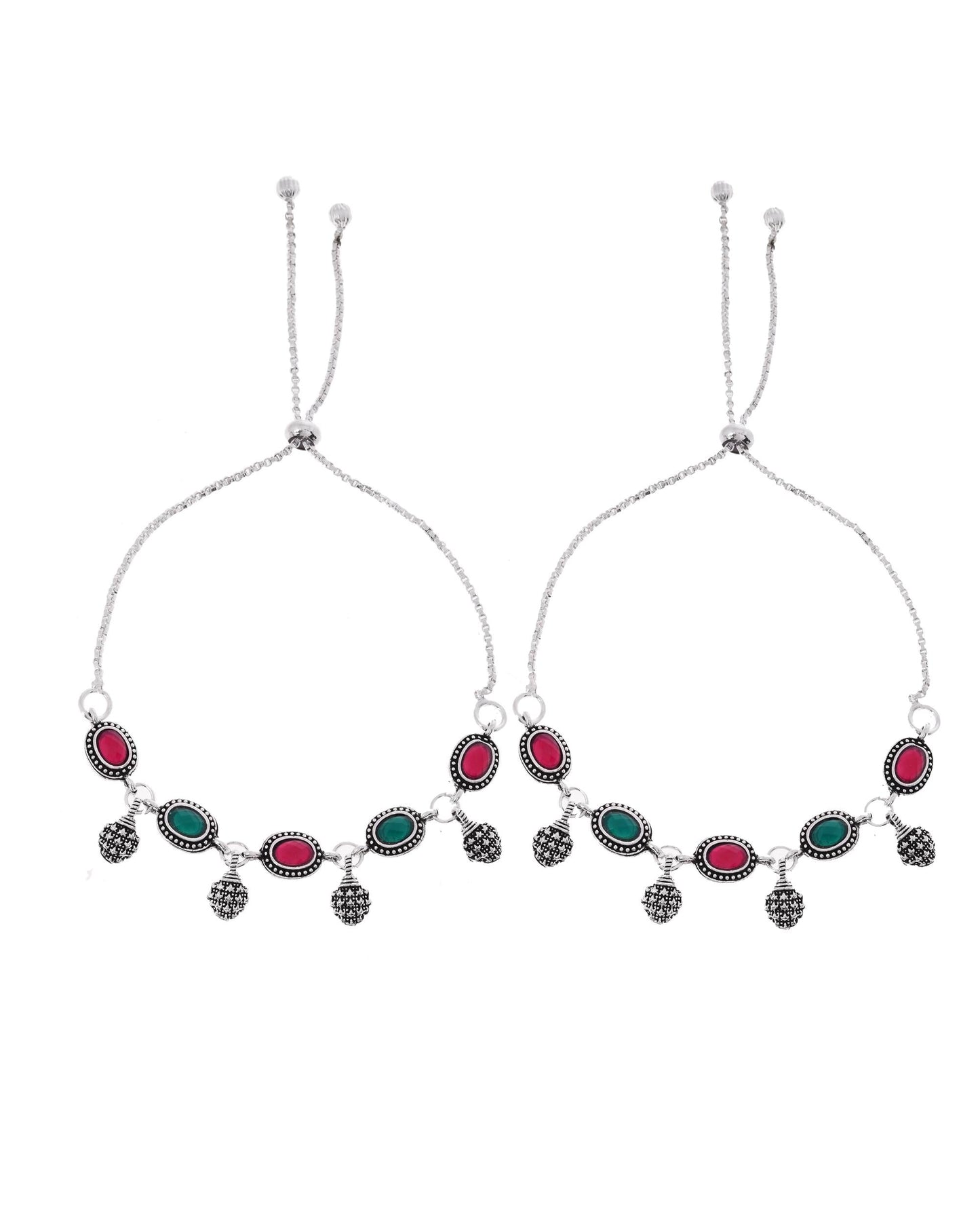 VOJ Set of 2 Silver-Plated Artificial Stones Studded Anklet - Swadesiicart