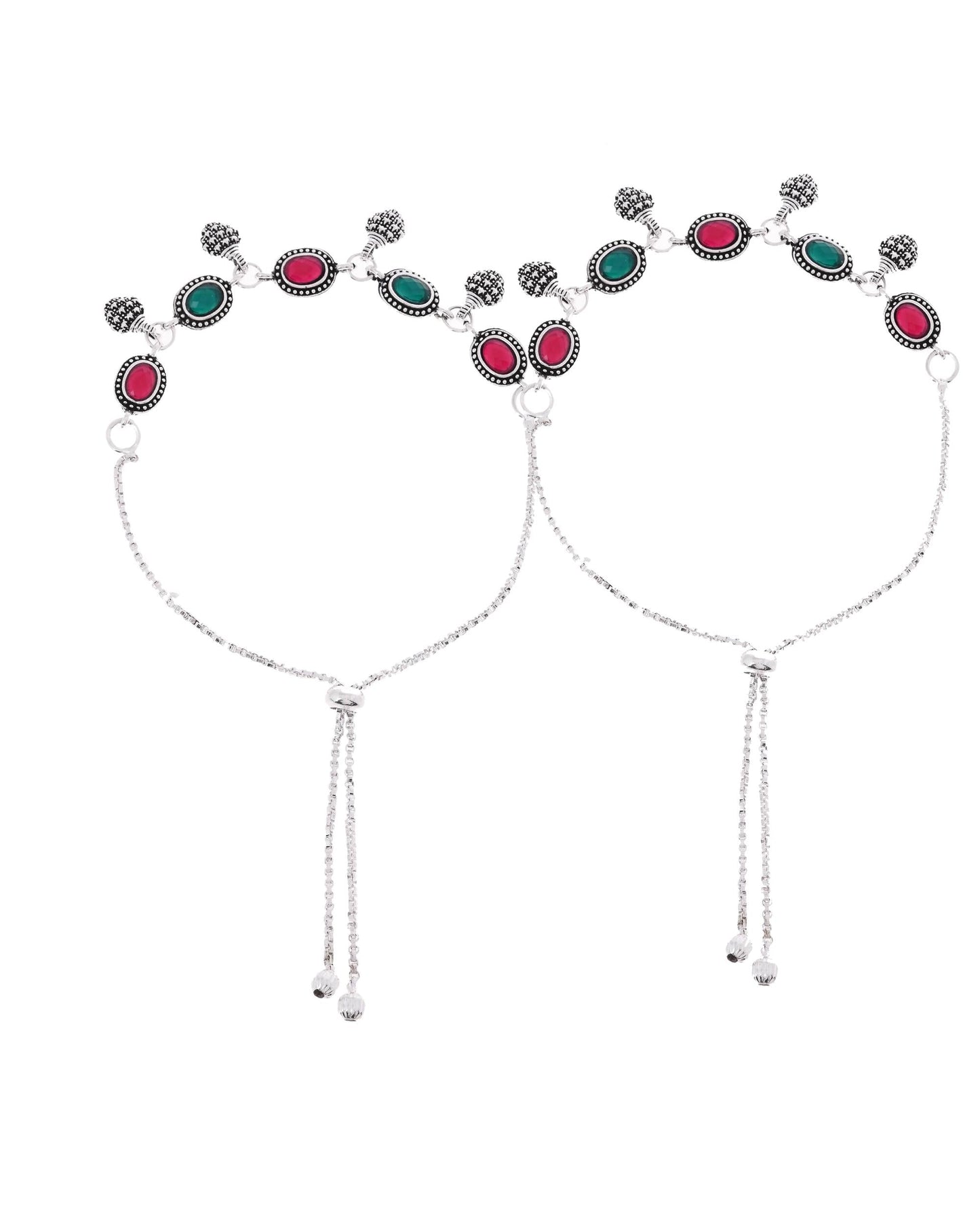 VOJ Set of 2 Silver-Plated Artificial Stones Studded Anklet - Swadesiicart