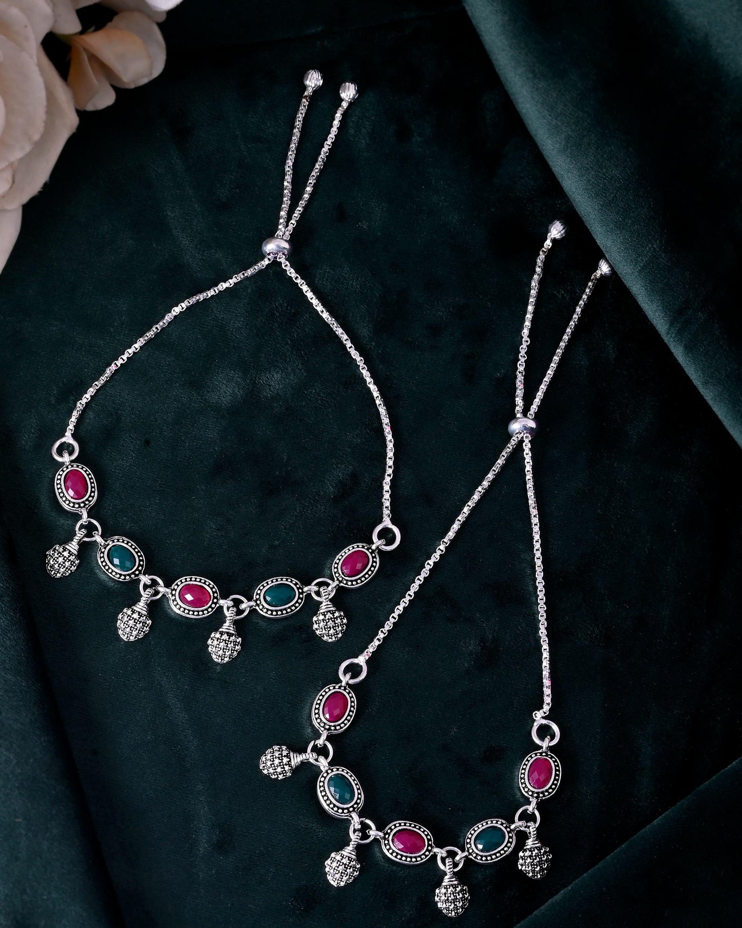 VOJ Set of 2 Silver-Plated Artificial Stones Studded Anklet - Swadesiicart
