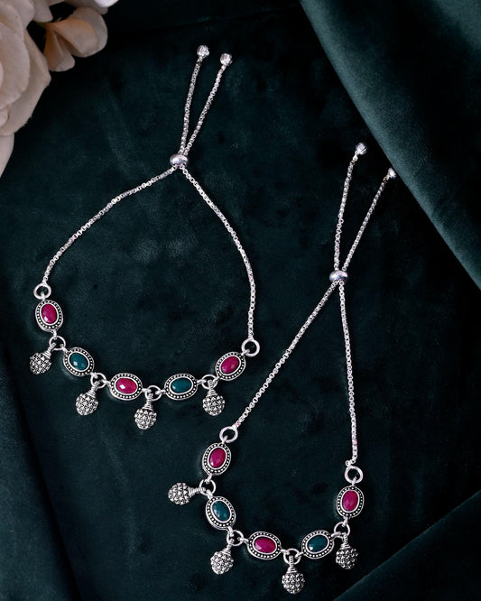 VOJ Set of 2 Silver-Plated Artificial Stones Studded Anklet - Swadesiicart