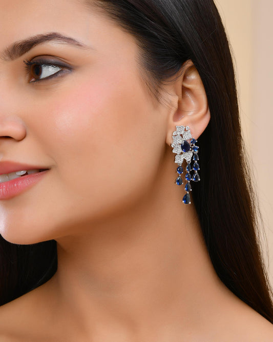 VOJ Silver Plated Ad And Blue Stone Studded Multi Layer Drop Earrings - Swadesiicart