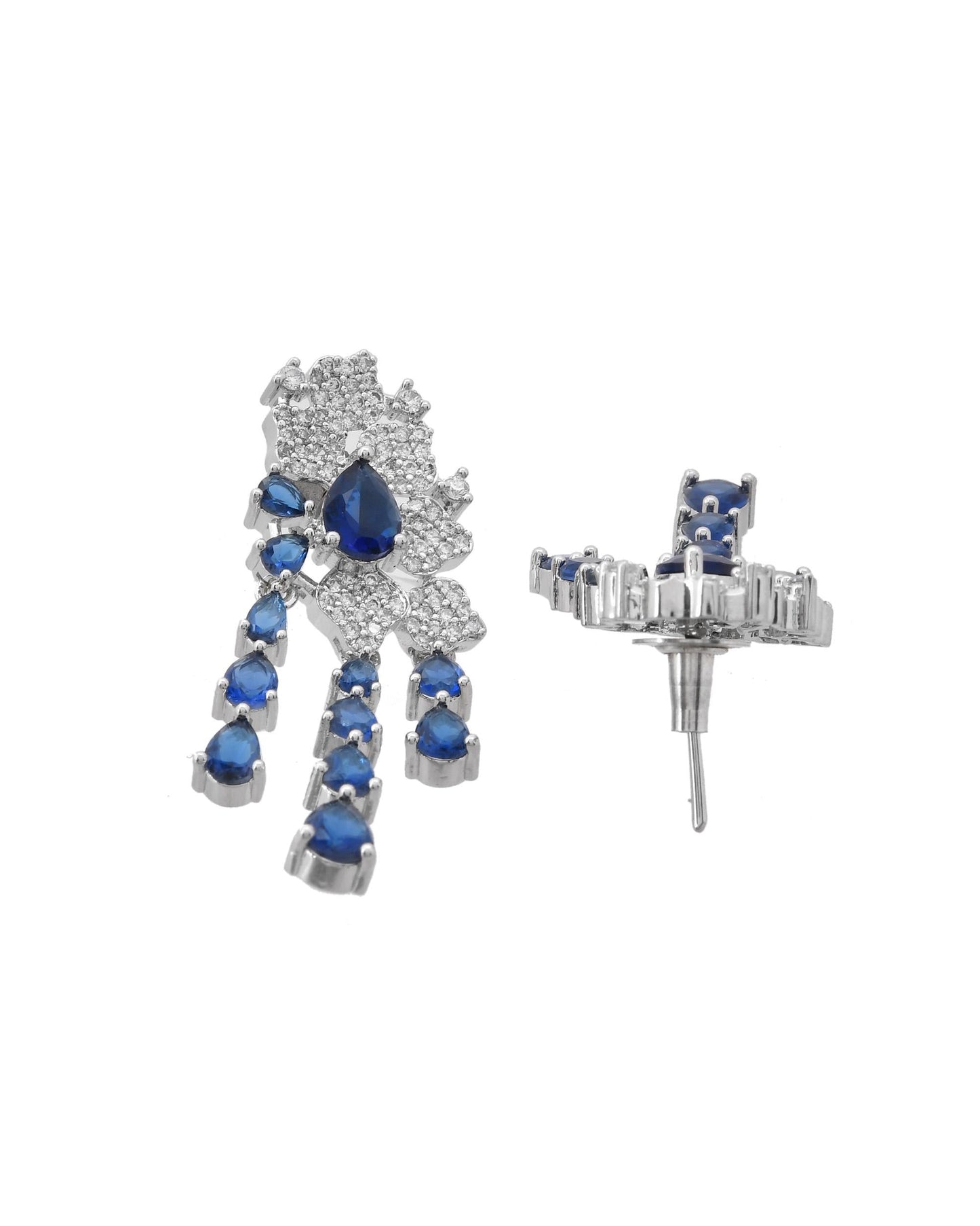 VOJ Silver Plated Ad And Blue Stone Studded Multi Layer Drop Earrings - Swadesiicart