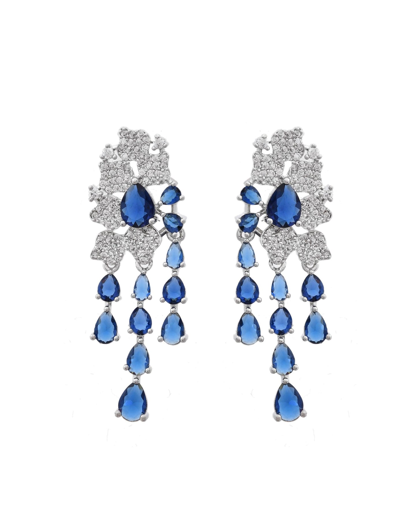 VOJ Silver Plated Ad And Blue Stone Studded Multi Layer Drop Earrings - Swadesiicart