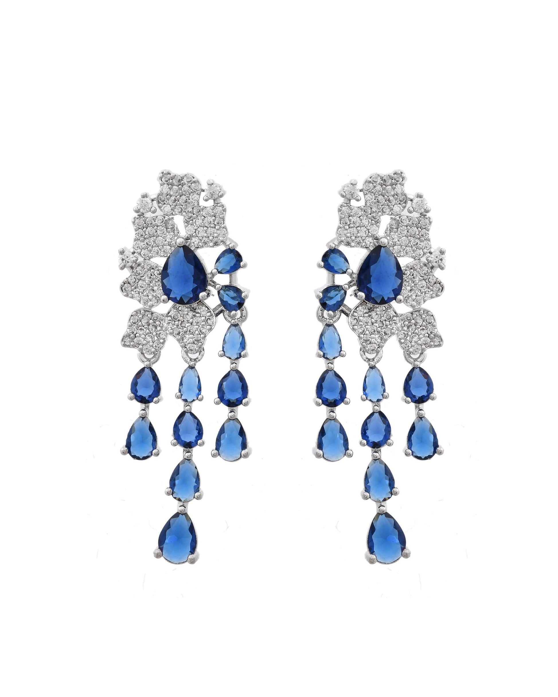 VOJ Silver Plated Ad And Blue Stone Studded Multi Layer Drop Earrings - Swadesiicart