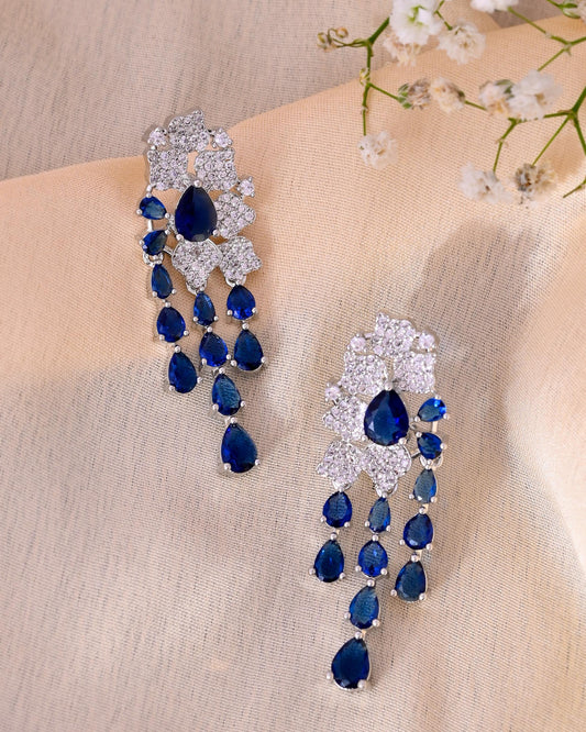 VOJ Silver Plated Ad And Blue Stone Studded Multi Layer Drop Earrings - Swadesiicart