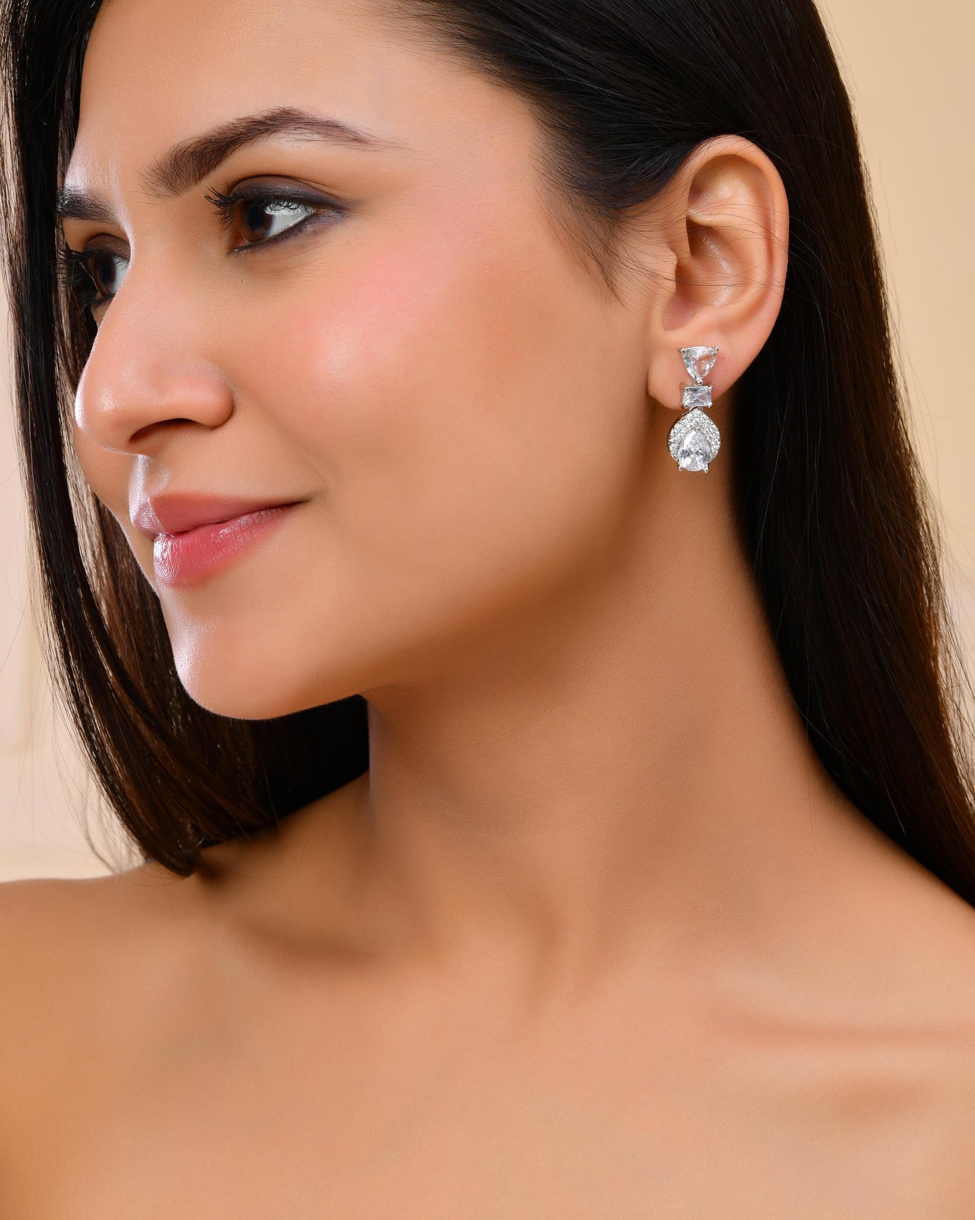 VOJ Silver Plated Ad Stone Studded Drop Earrings - Swadesiicart