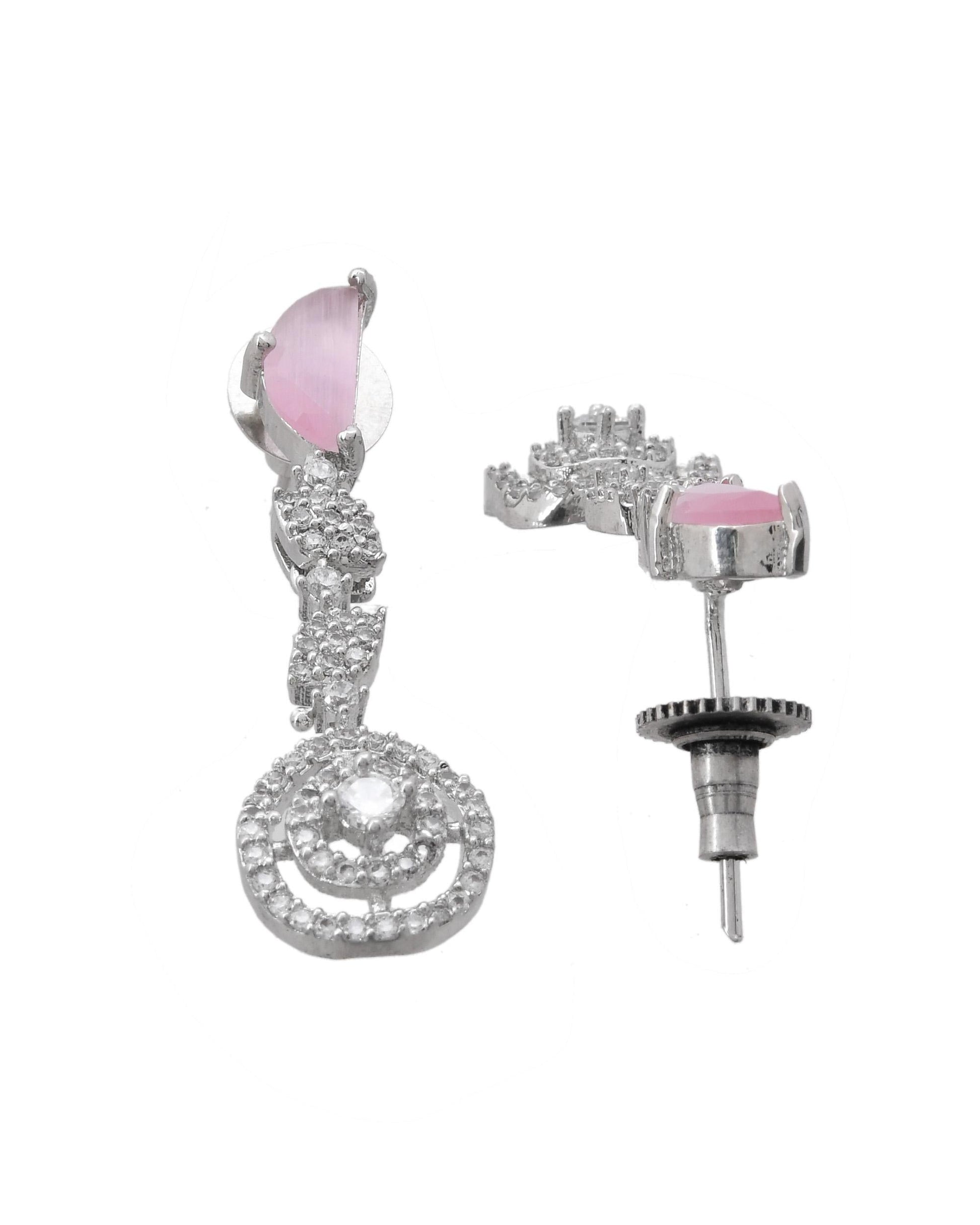 VOJ Silver Plated Pink And Ad Stone Studded Drop Earrings - Swadesiicart