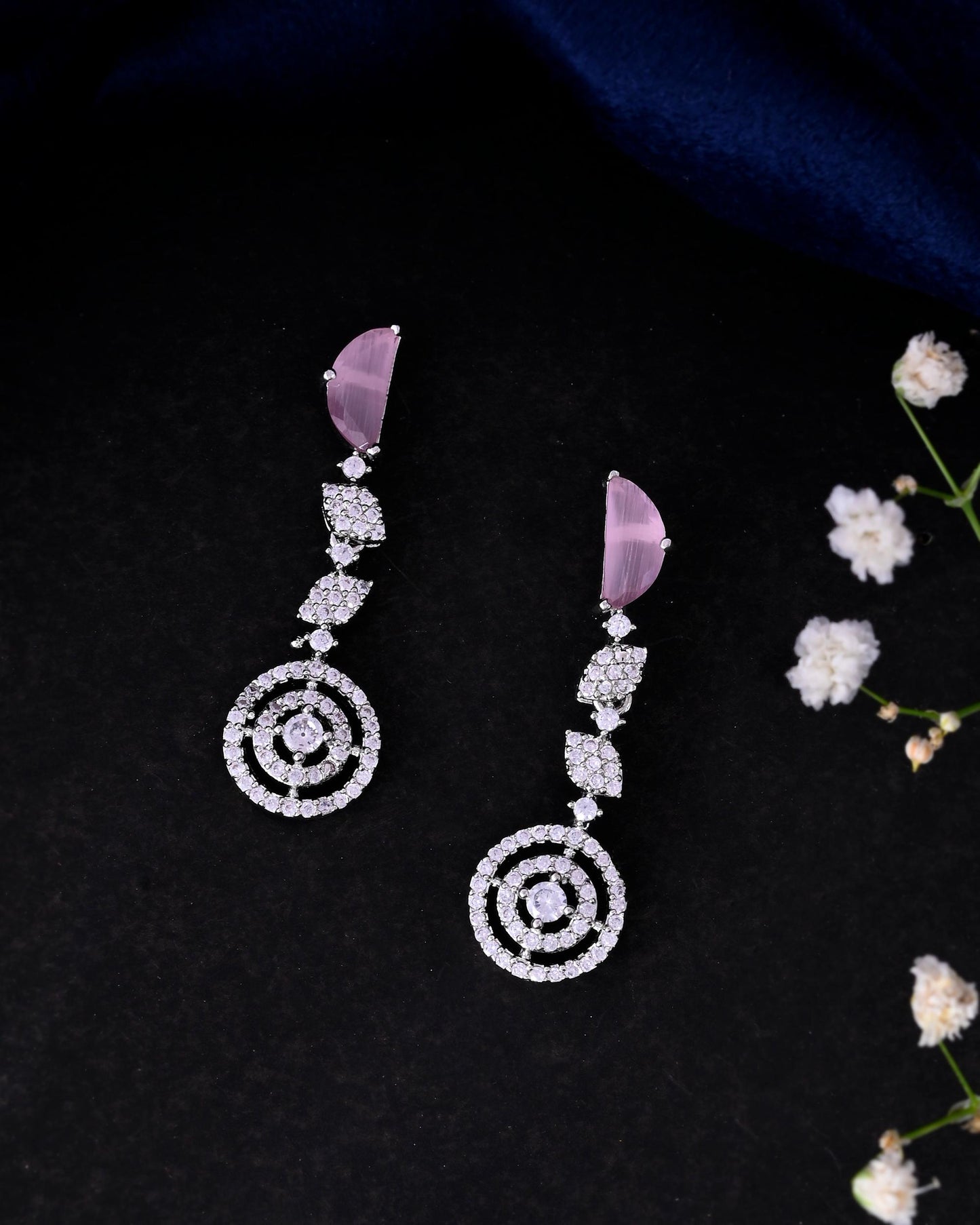 VOJ Silver Plated Pink And Ad Stone Studded Drop Earrings - Swadesiicart