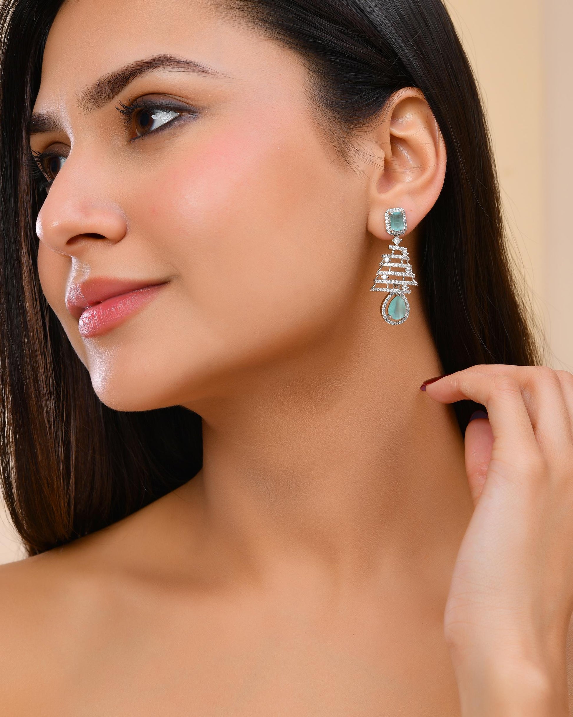 VOJ Silver Plated Mint Green Ad Stone Studded Dome Shaped Earrings - Swadesiicart