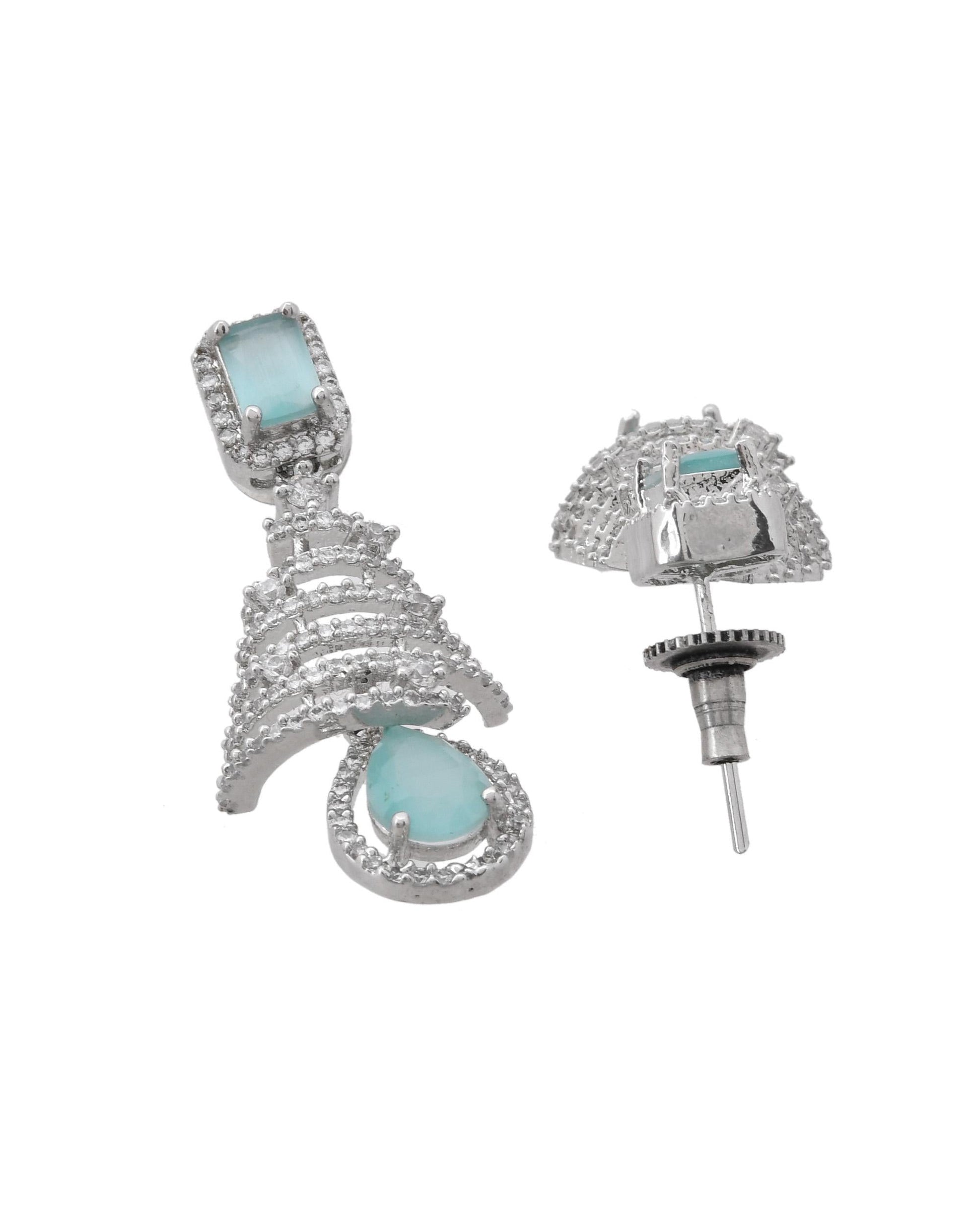 VOJ Silver Plated Mint Green Ad Stone Studded Dome Shaped Earrings - Swadesiicart