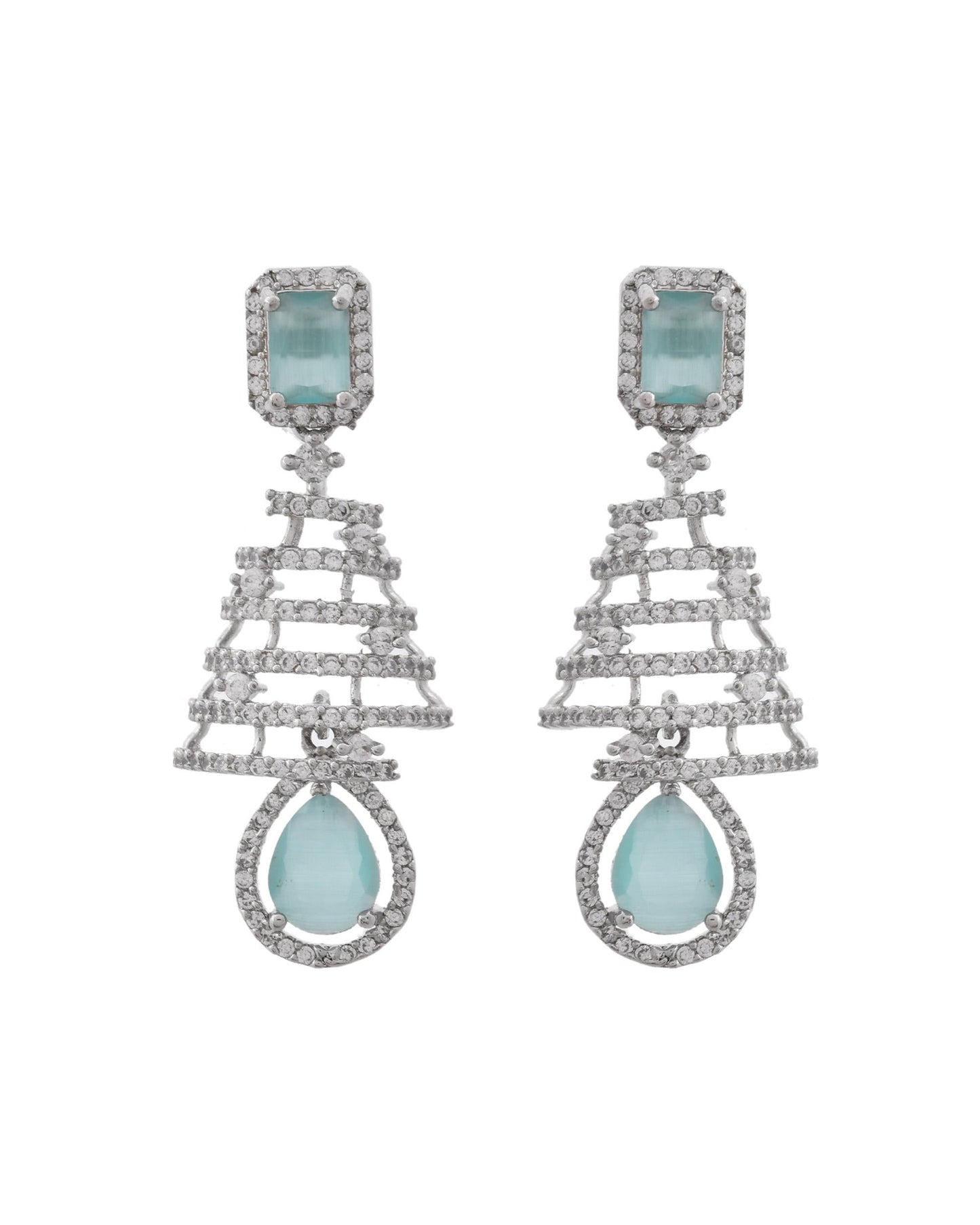 VOJ Silver Plated Mint Green Ad Stone Studded Dome Shaped Earrings - Swadesiicart