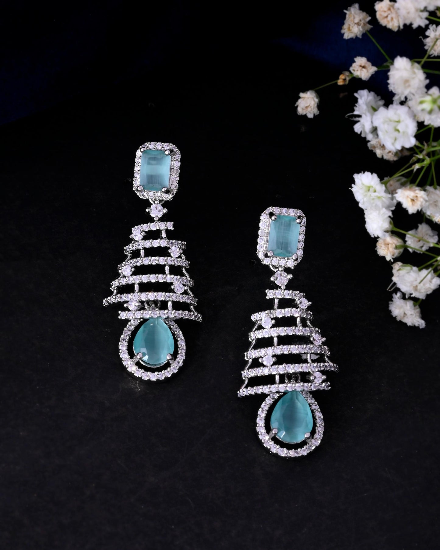 VOJ Silver Plated Mint Green Ad Stone Studded Dome Shaped Earrings - Swadesiicart