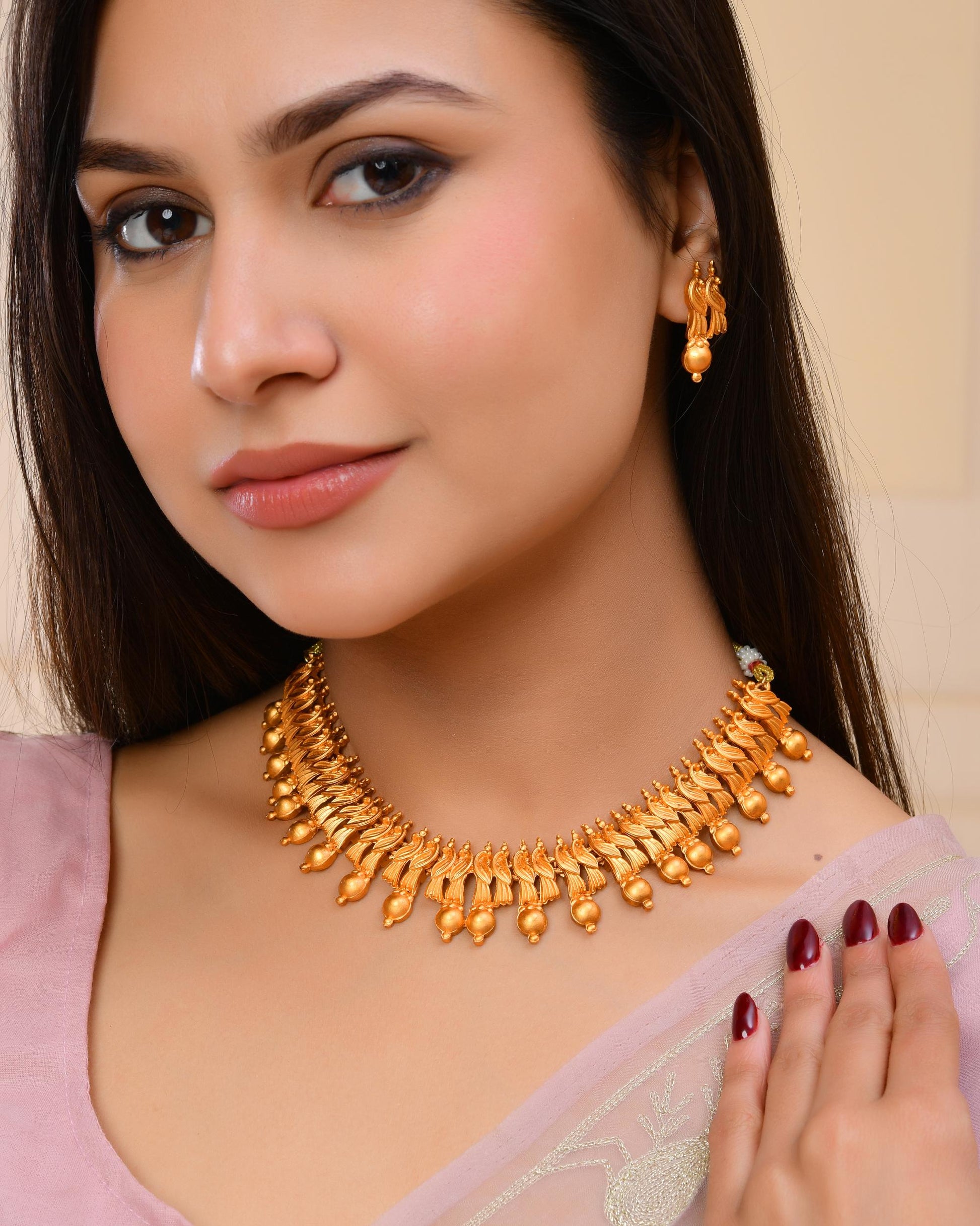 VOJ Gold-Polished Designer Necklace With Earrings Set - Swadesiicart