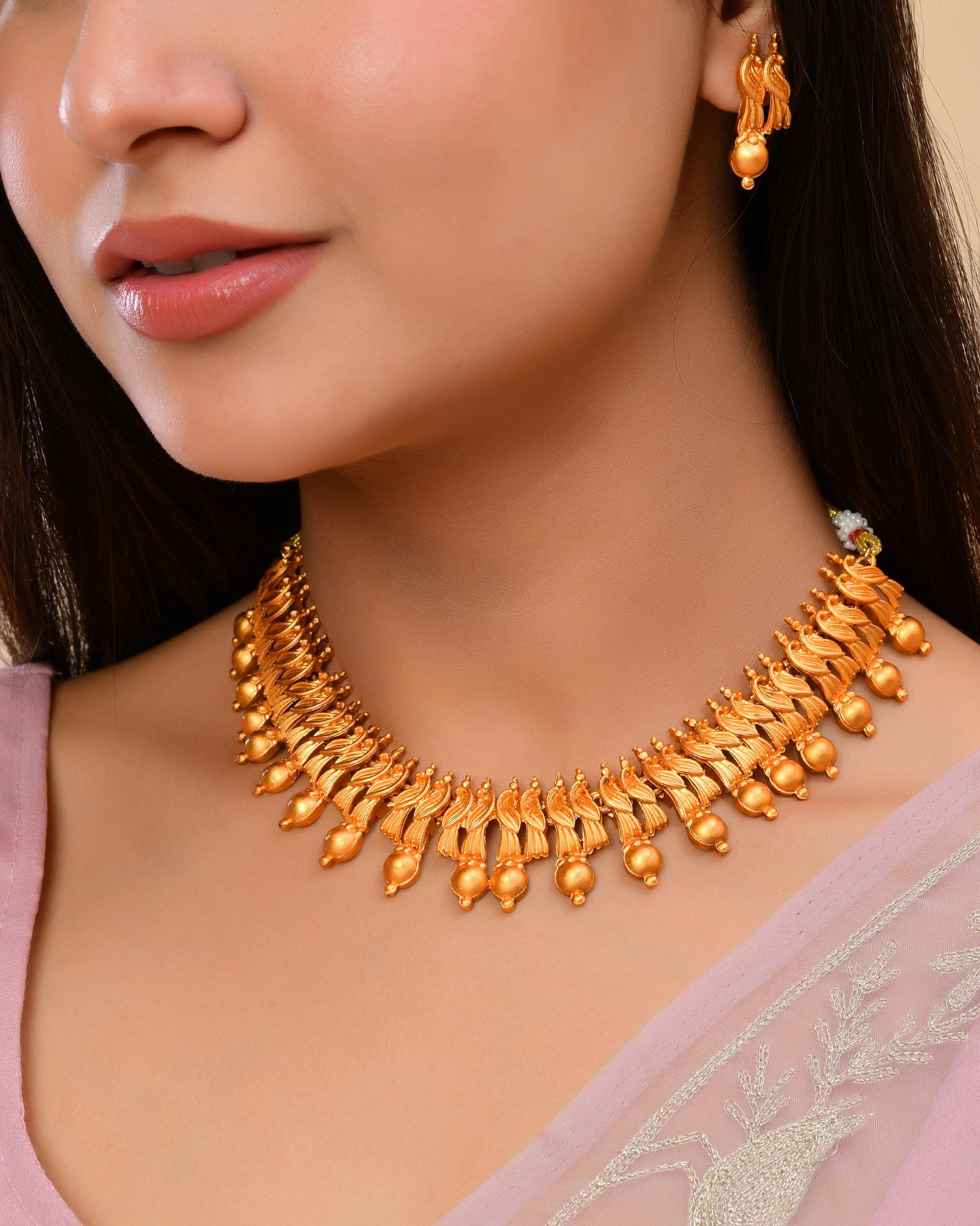 VOJ Gold-Polished Designer Necklace With Earrings Set - Swadesiicart