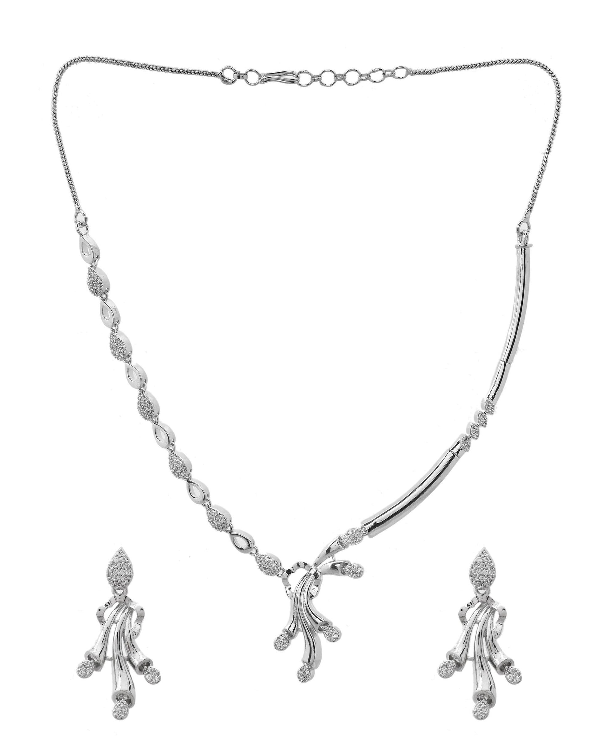 VOJ Silver Plated Ad Stone Studded Designer Necklace With Earrings Set - Swadesiicart