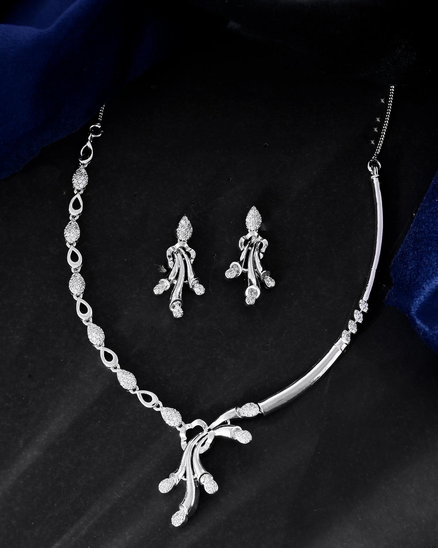 VOJ Silver Plated Ad Stone Studded Designer Necklace With Earrings Set - Swadesiicart