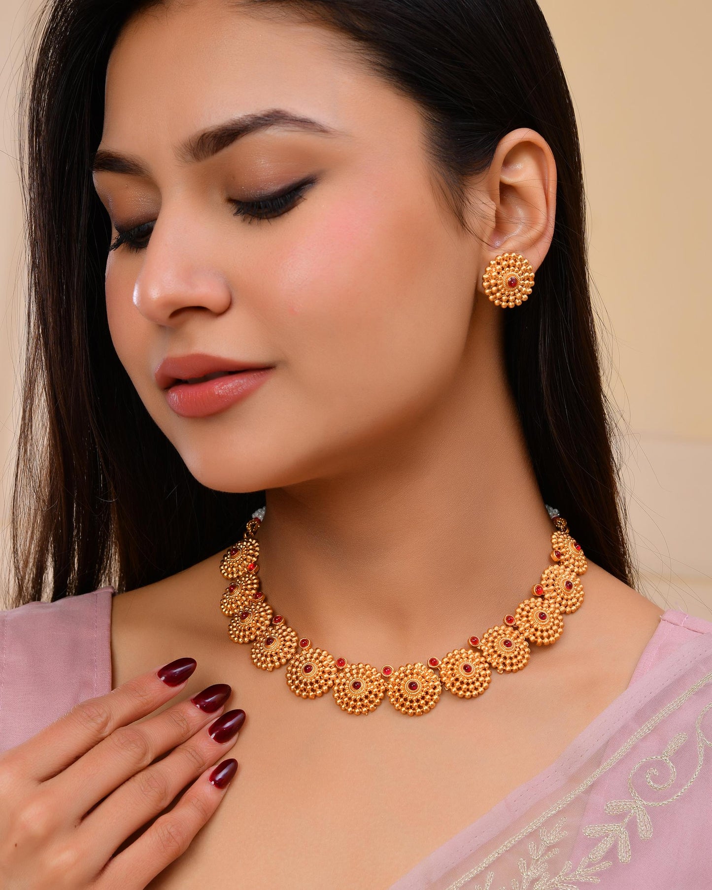 VOJ Gold-Polished Circular Designed Necklace With Earrings Set - Swadesiicart