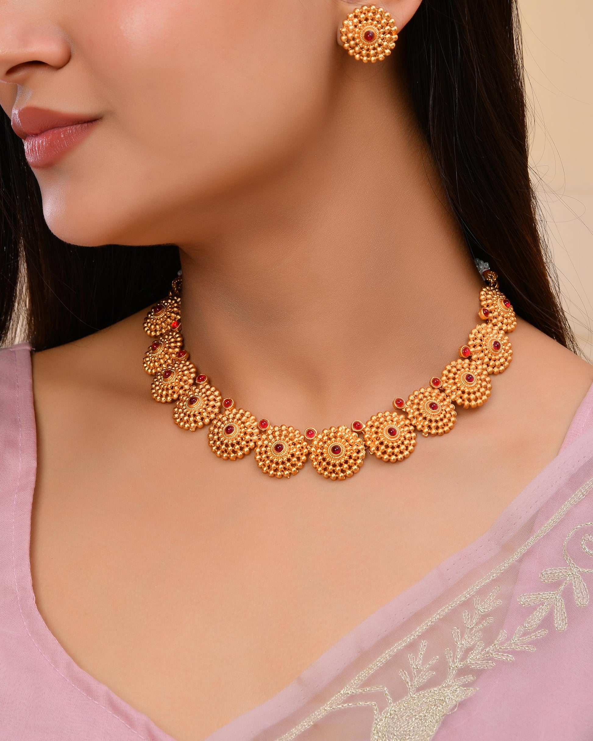 VOJ Gold-Polished Circular Designed Necklace With Earrings Set - Swadesiicart