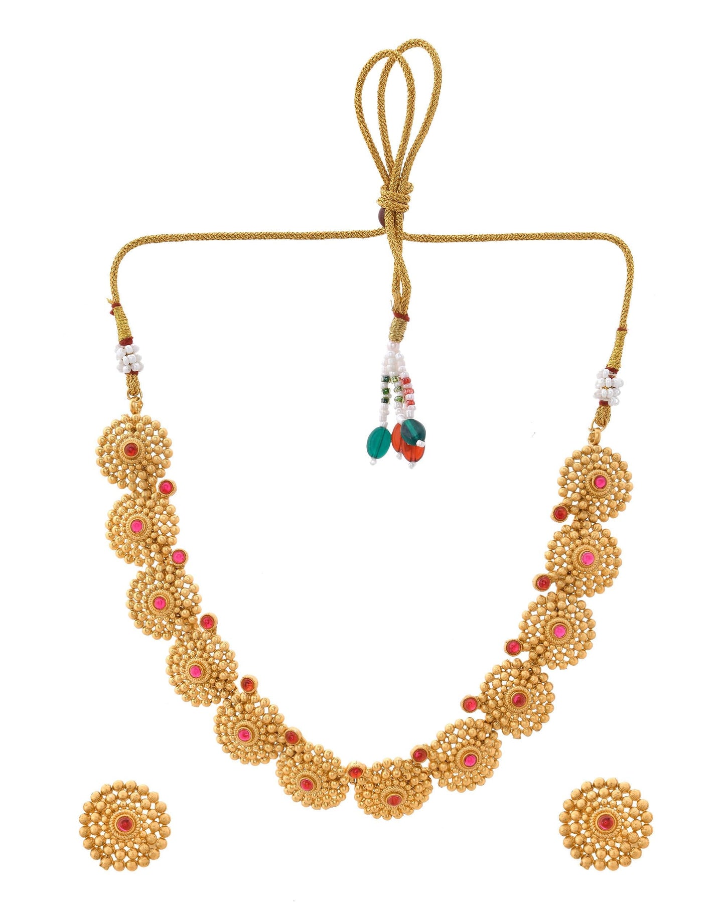 VOJ Gold-Polished Circular Designed Necklace With Earrings Set - Swadesiicart
