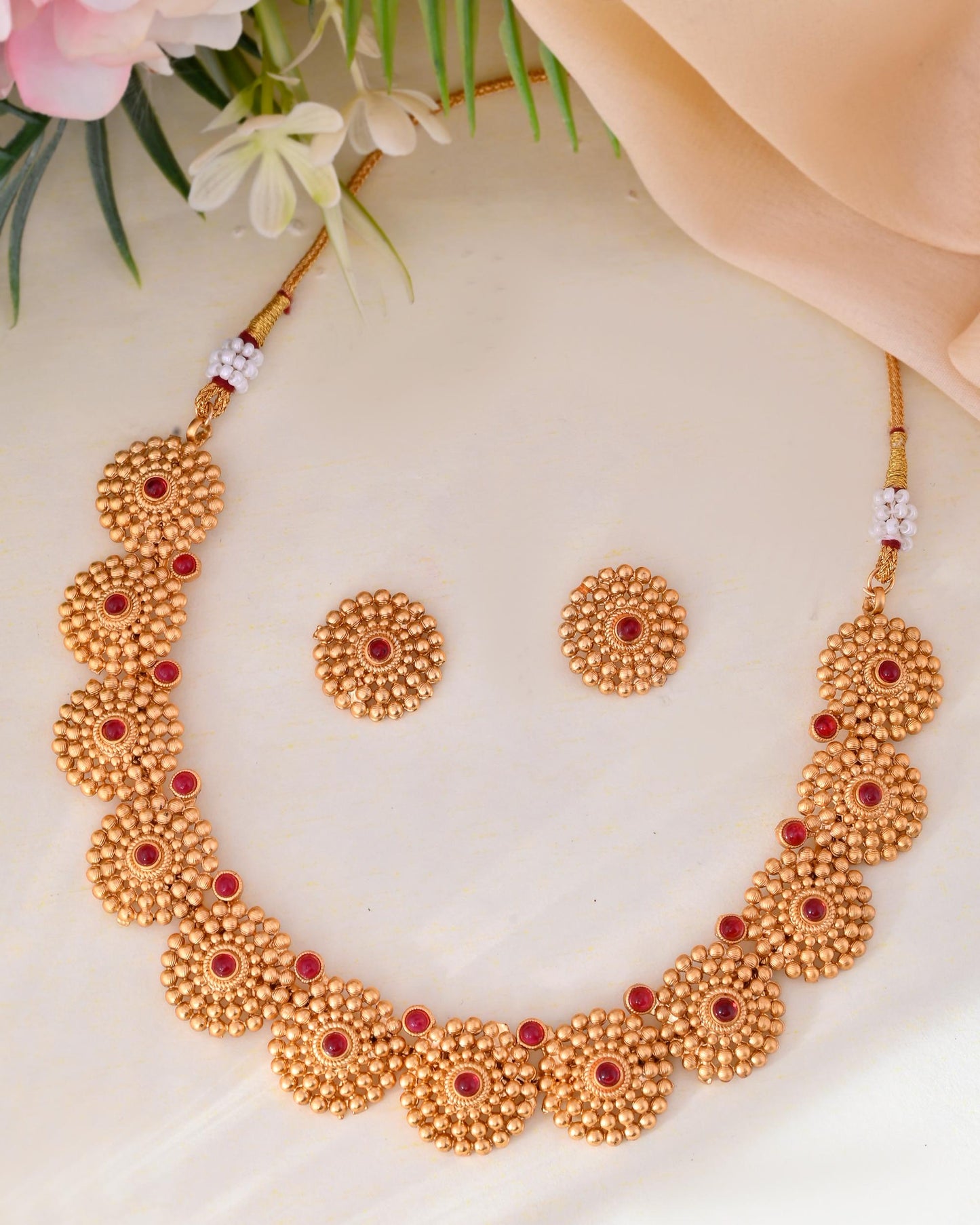 VOJ Gold-Polished Circular Designed Necklace With Earrings Set - Swadesiicart