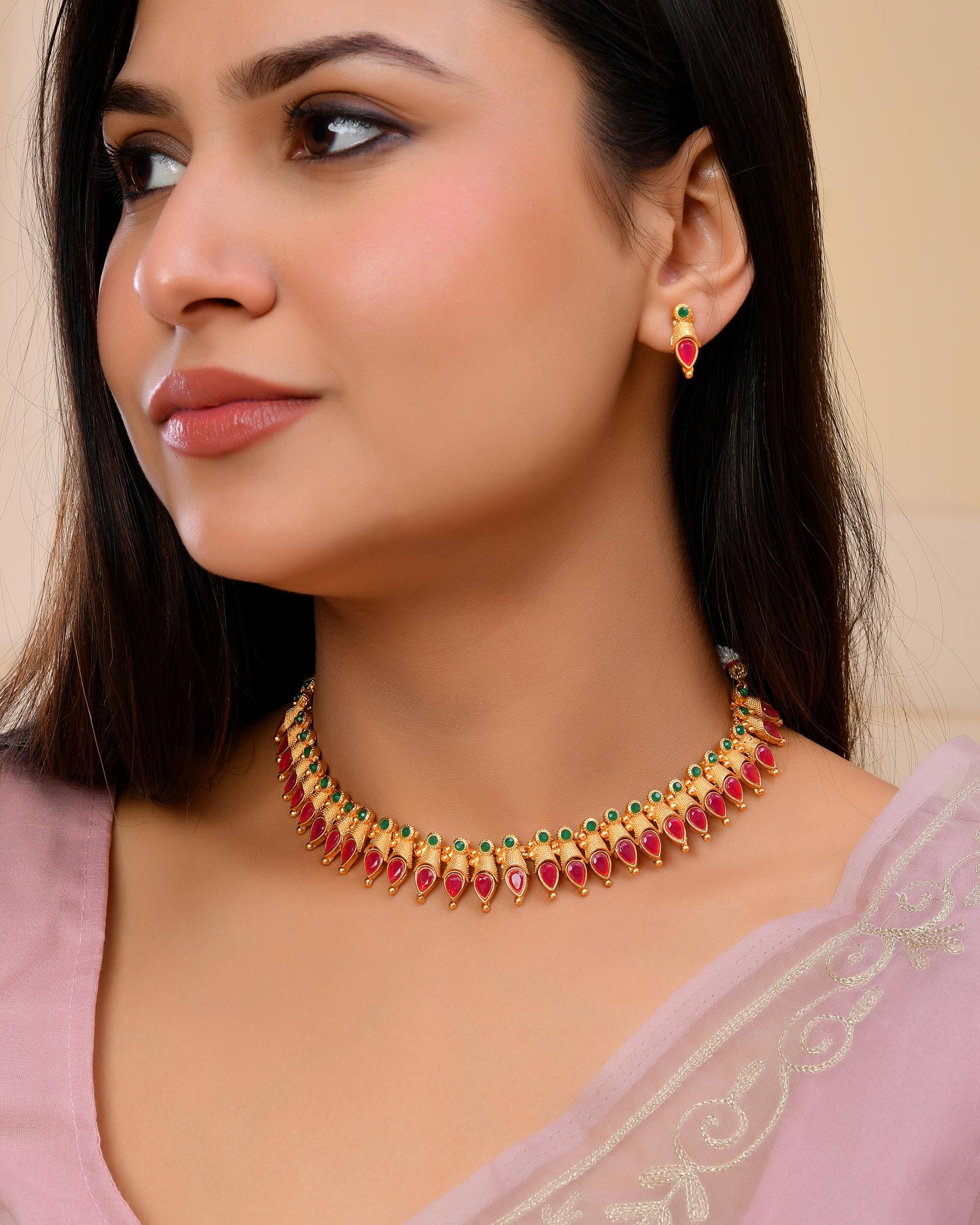 VOJ Gold-Polished Teardrop Shaped Designed Necklace With Earrings Set - Swadesiicart