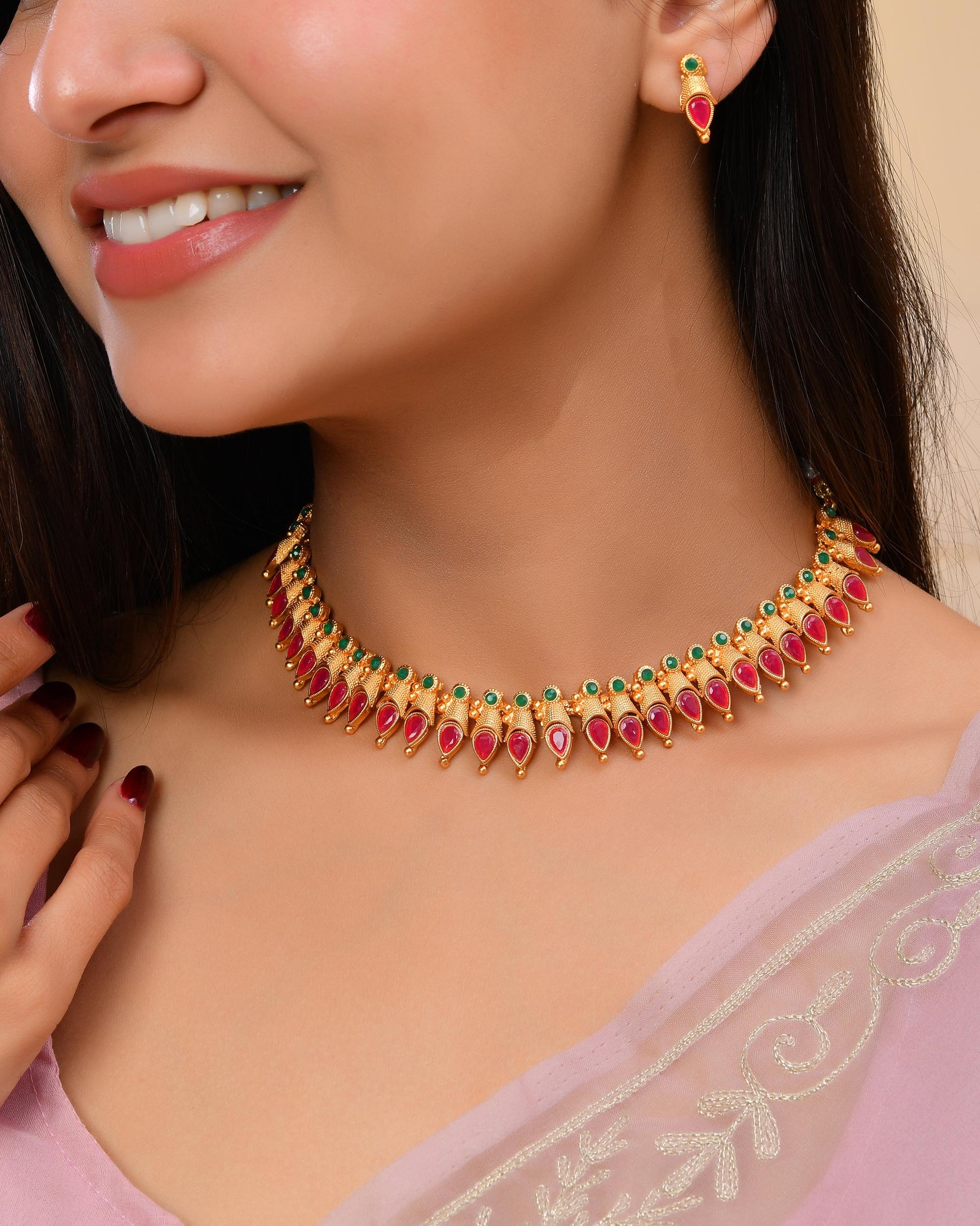 VOJ Gold-Polished Teardrop Shaped Designed Necklace With Earrings Set - Swadesiicart