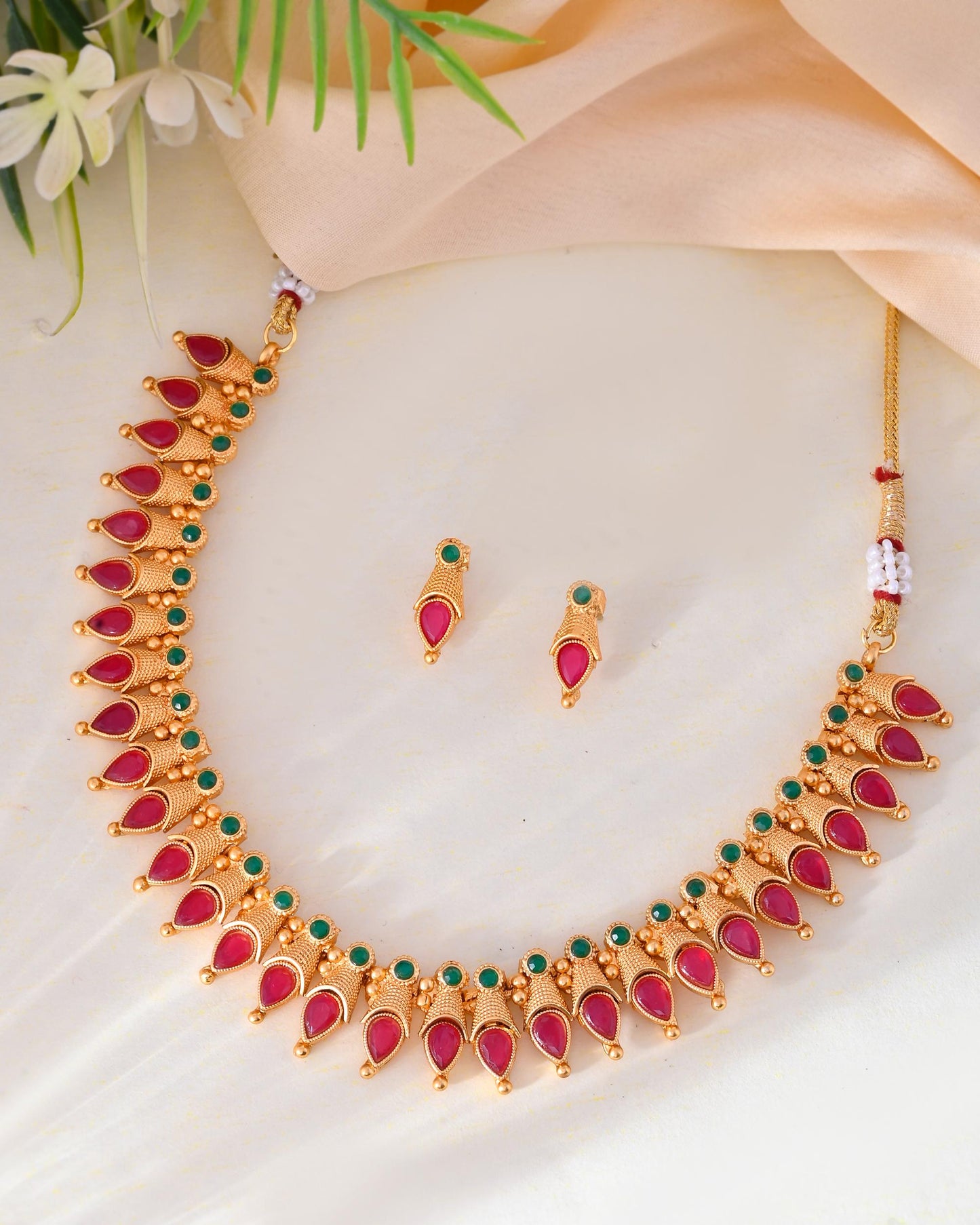 VOJ Gold-Polished Teardrop Shaped Designed Necklace With Earrings Set - Swadesiicart