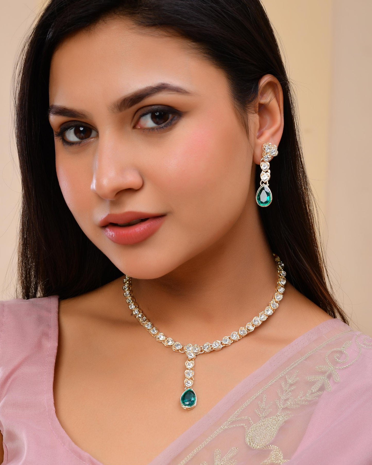 VOJ Silver Plated Green Stone Studded Necklace And Earrings Set - Swadesiicart