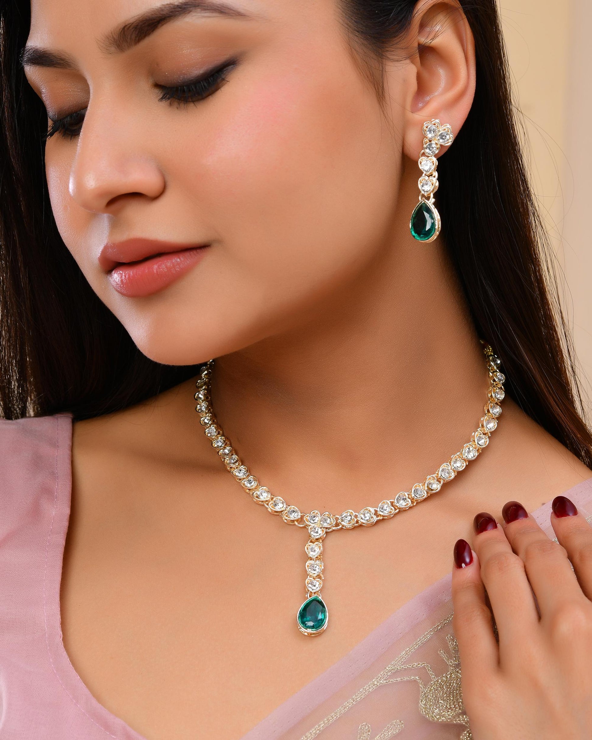 VOJ Silver Plated Green Stone Studded Necklace And Earrings Set - Swadesiicart