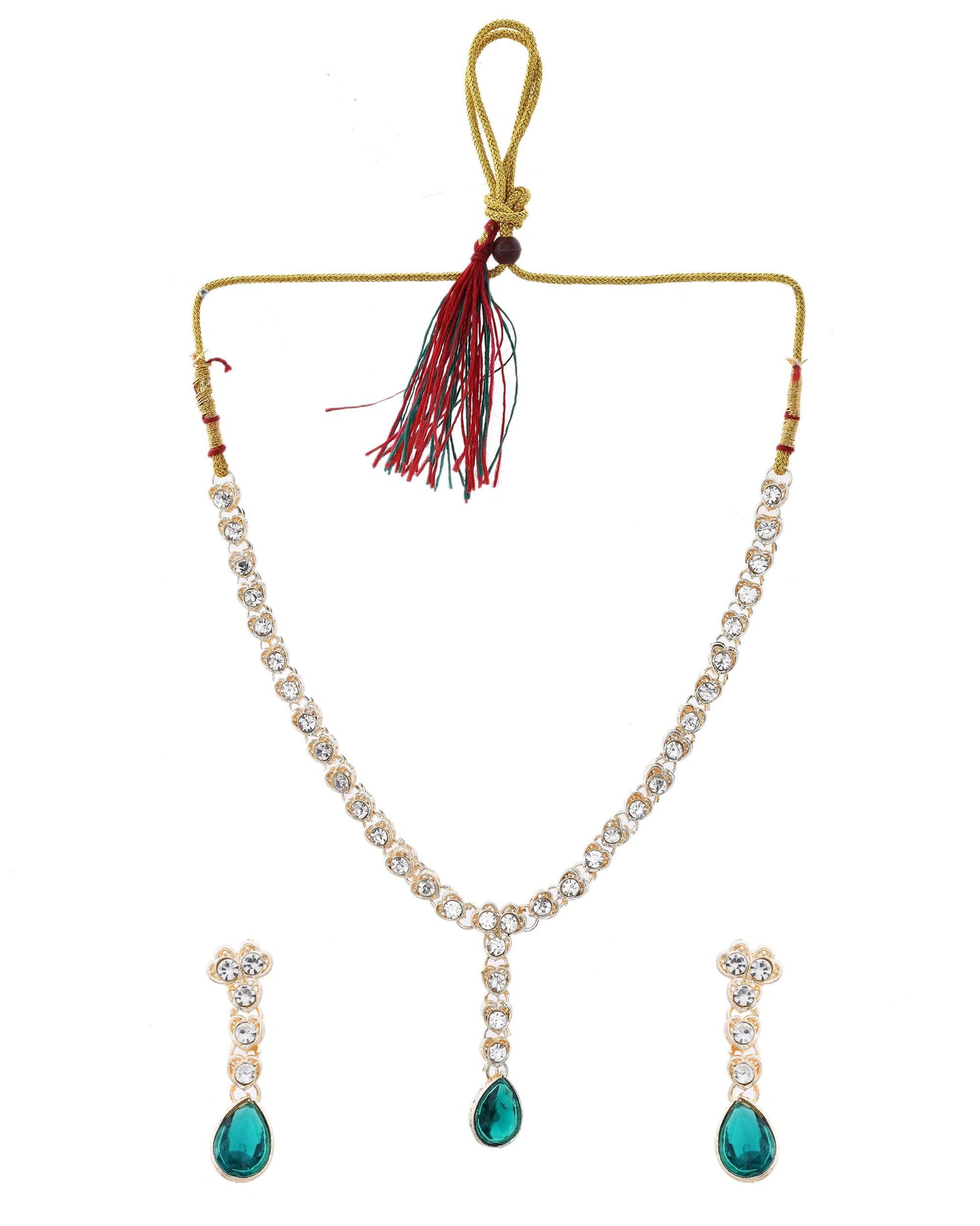VOJ Silver Plated Green Stone Studded Necklace And Earrings Set - Swadesiicart